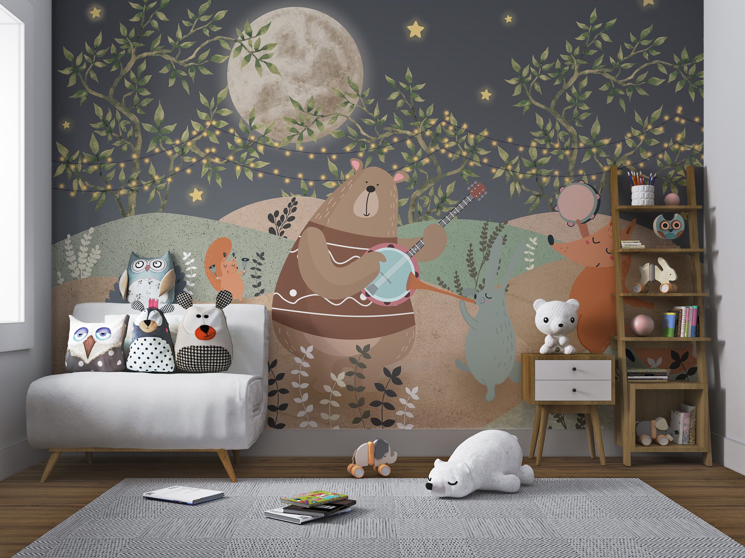 Animals playing instruments surrounded by twinkling stars, plants, and hanging lights.