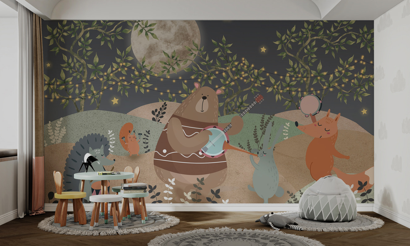 Forest animals playing instruments under a glowing moon with string lights in the background.