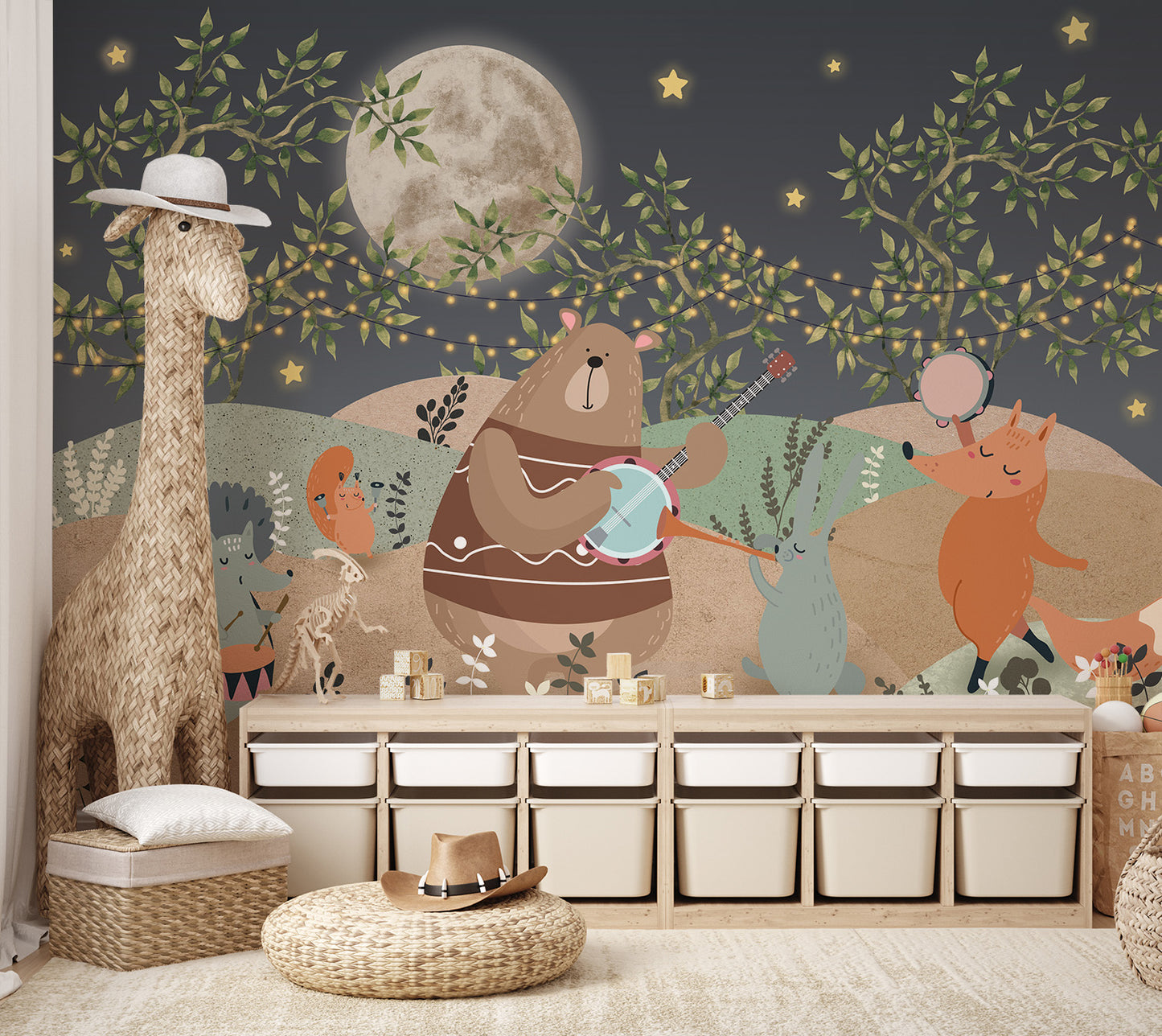 Happy woodland animals having a musical party in a moonlit forest clearing.