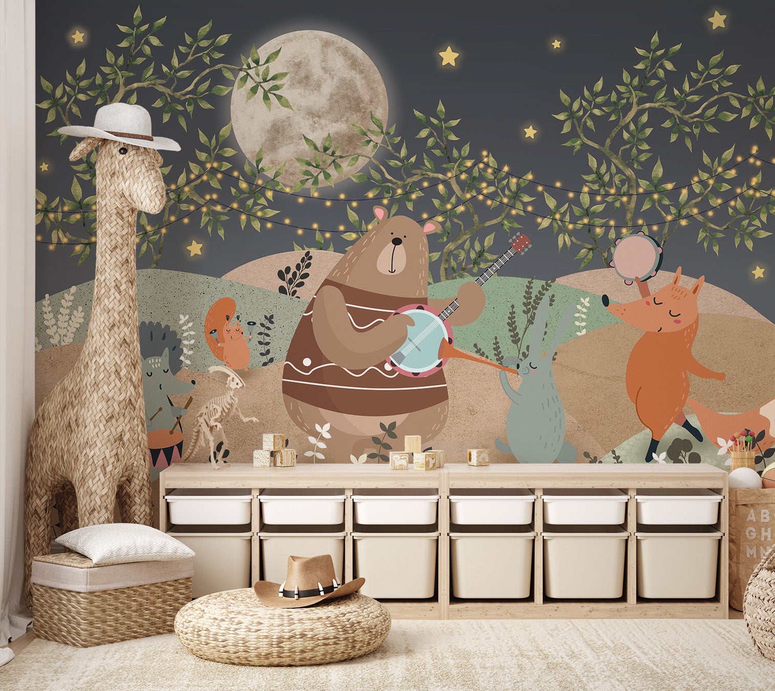 Happy woodland animals having a musical party in a moonlit forest clearing.