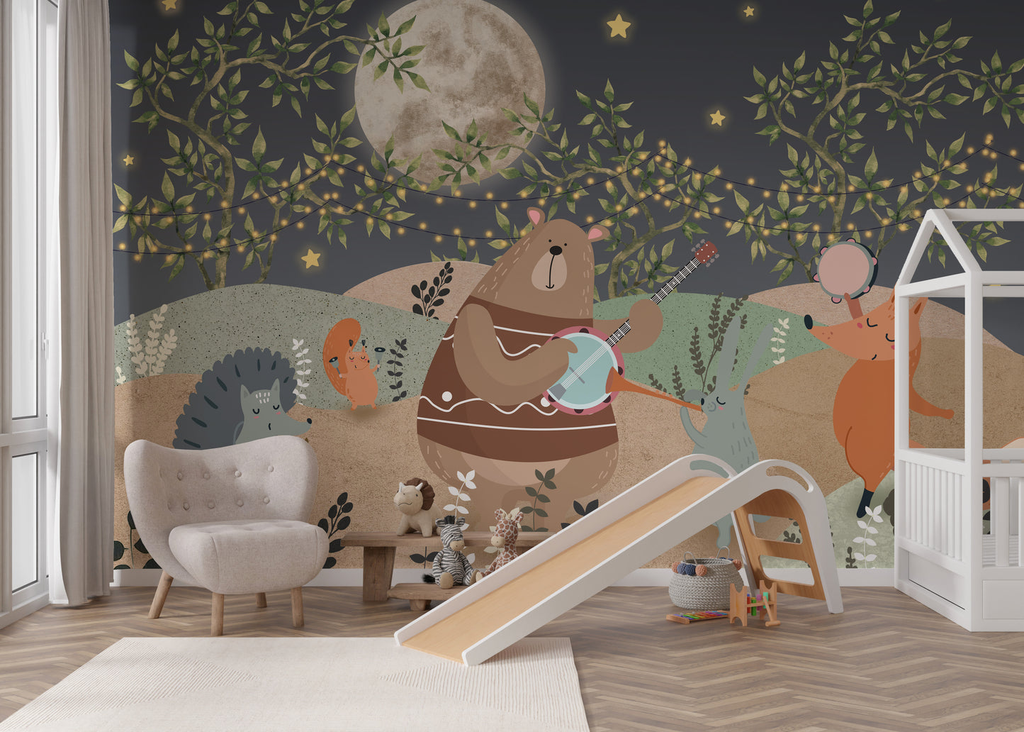 Forest animals celebrating with music beneath twinkling stars and a full moon.