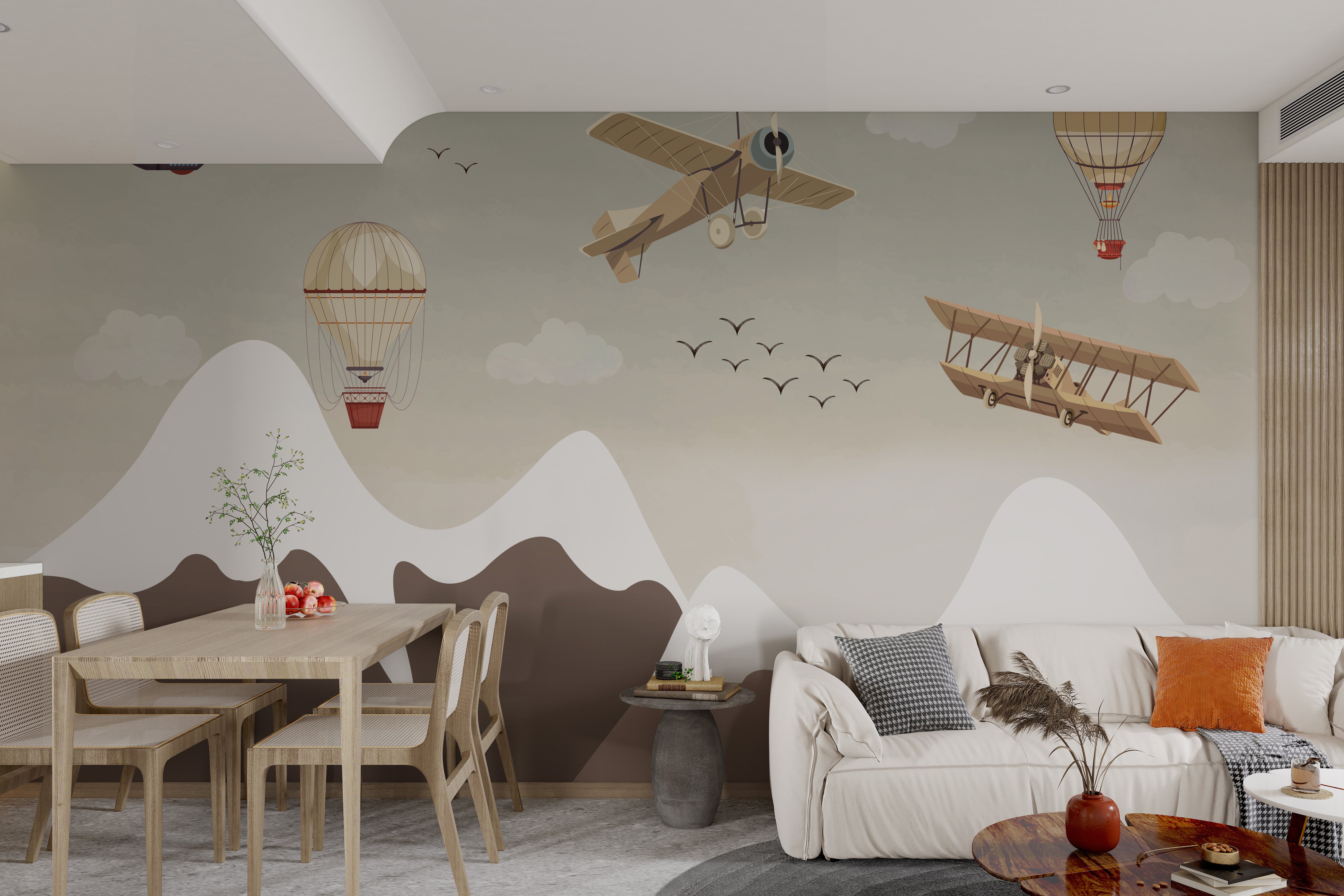 Cloudy sky mural with biplanes, zeppelin, and hot air balloons over white mountains.