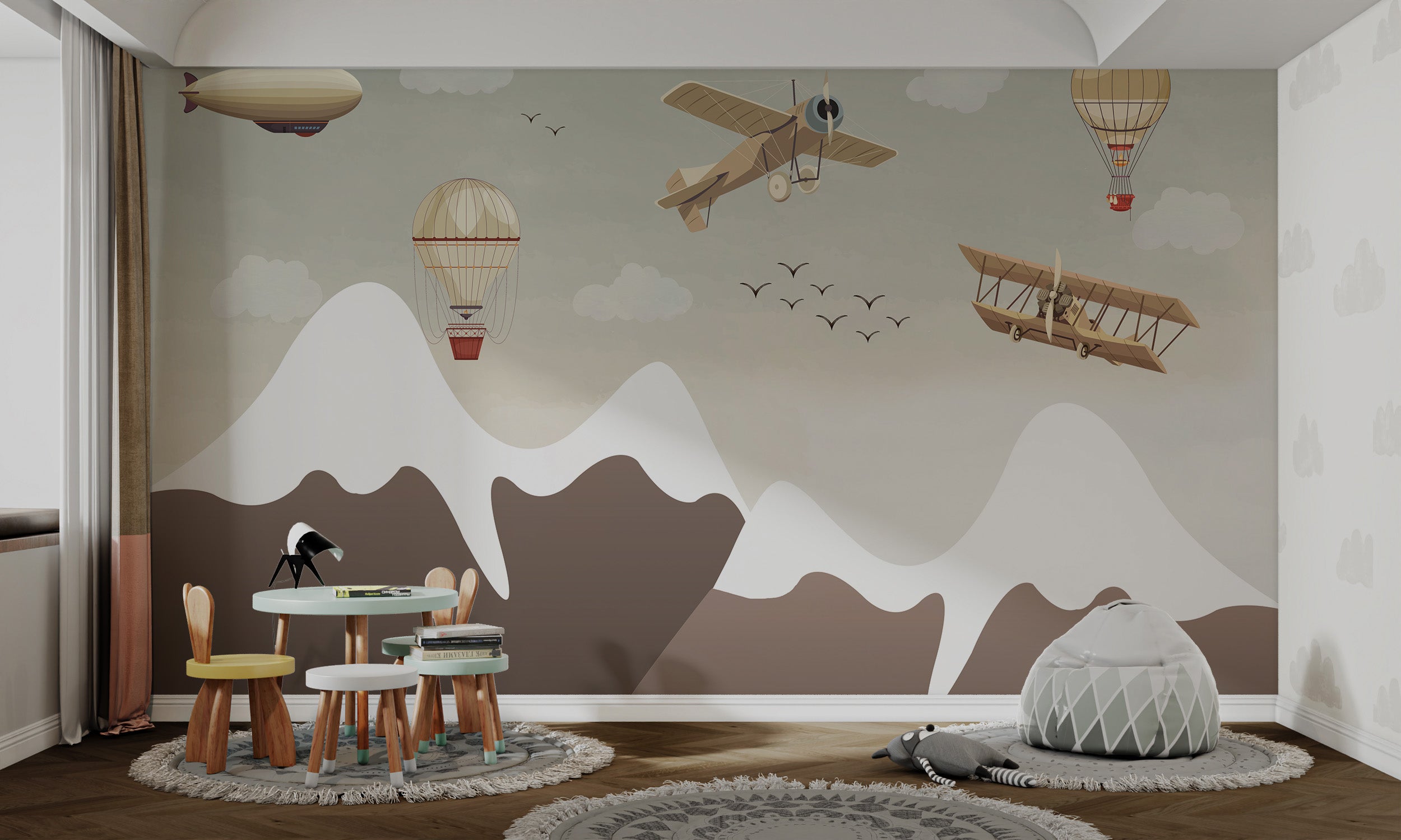 Charming aviation scene with planes and balloons flying past snowy mountain tops.