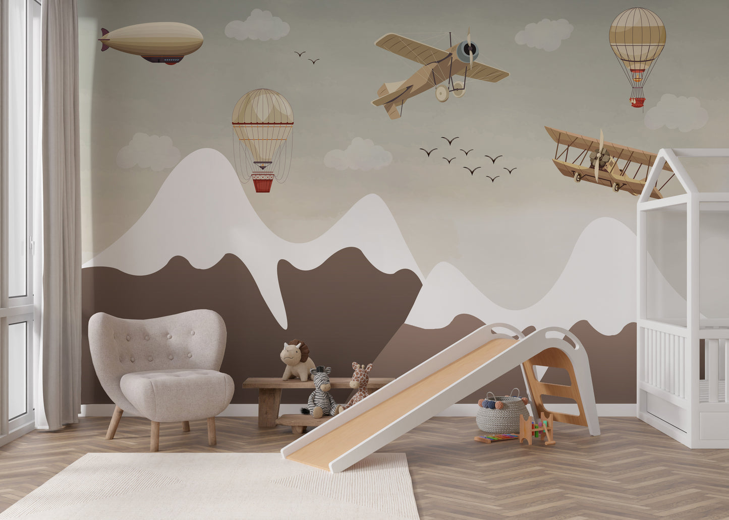 Vintage airplanes and hot air balloons flying over snowy mountain peaks in soft hues.