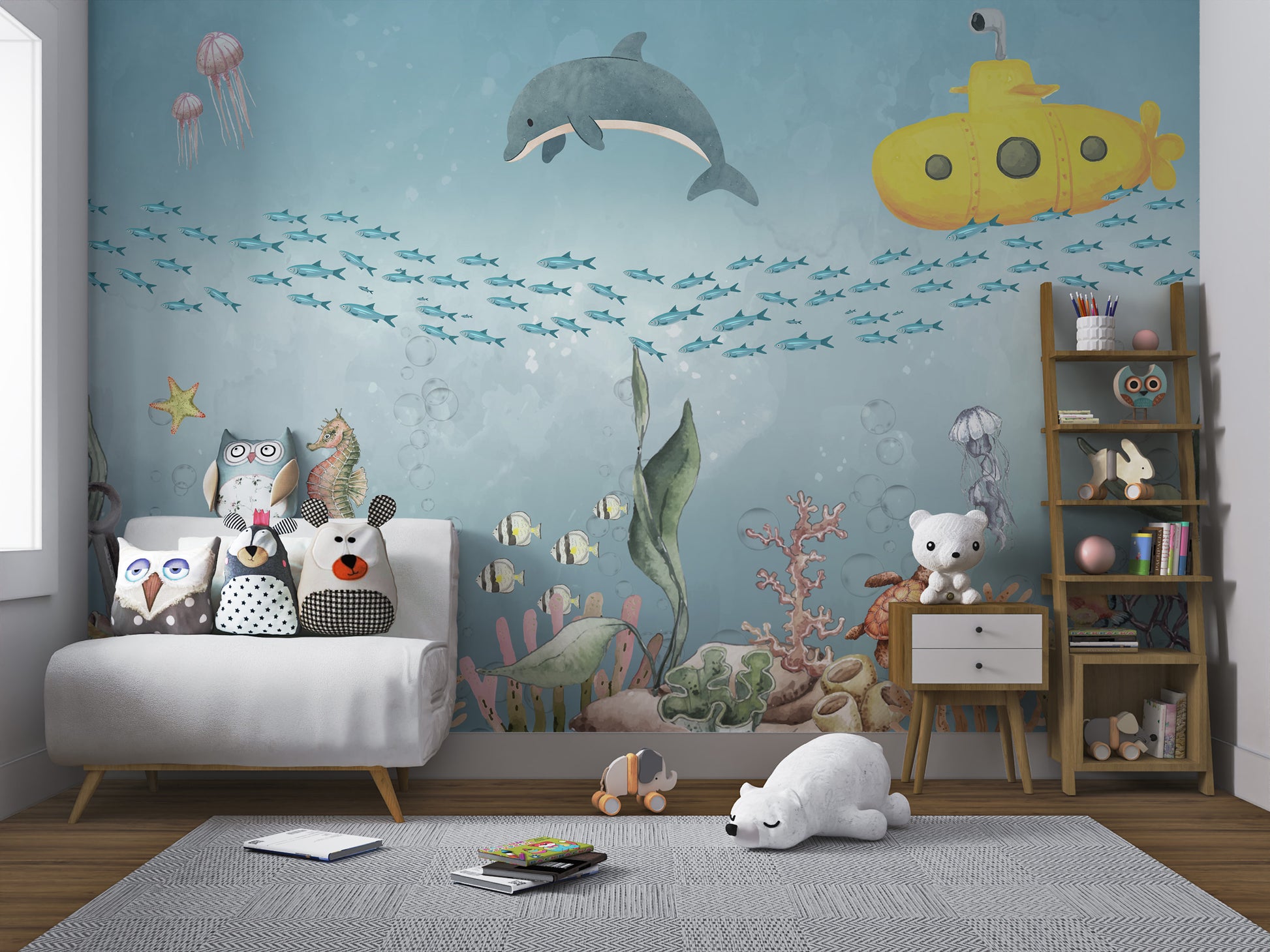 Underwater mural featuring dolphins, seahorses, jellyfish, fish, corals, and a submarine.