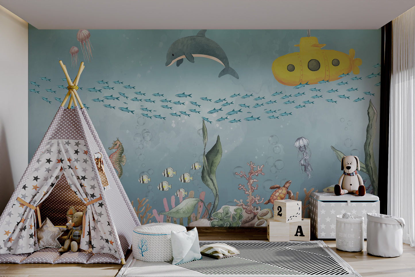 Yellow submarine traveling through fish schools in a whimsical ocean-themed wallpaper.