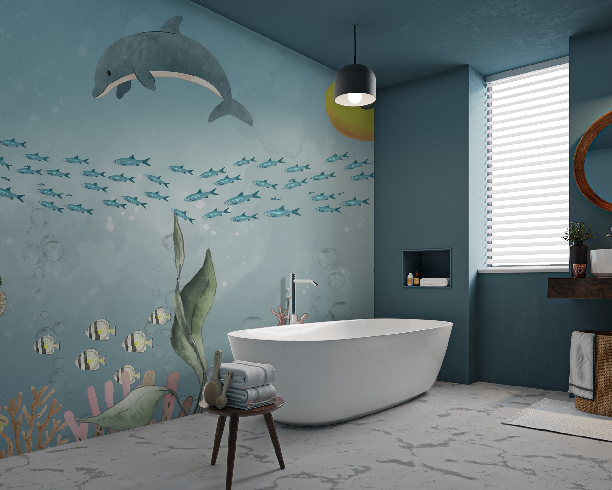 Playful dolphin swimming above colorful coral reefs with tropical fish and sea creatures.