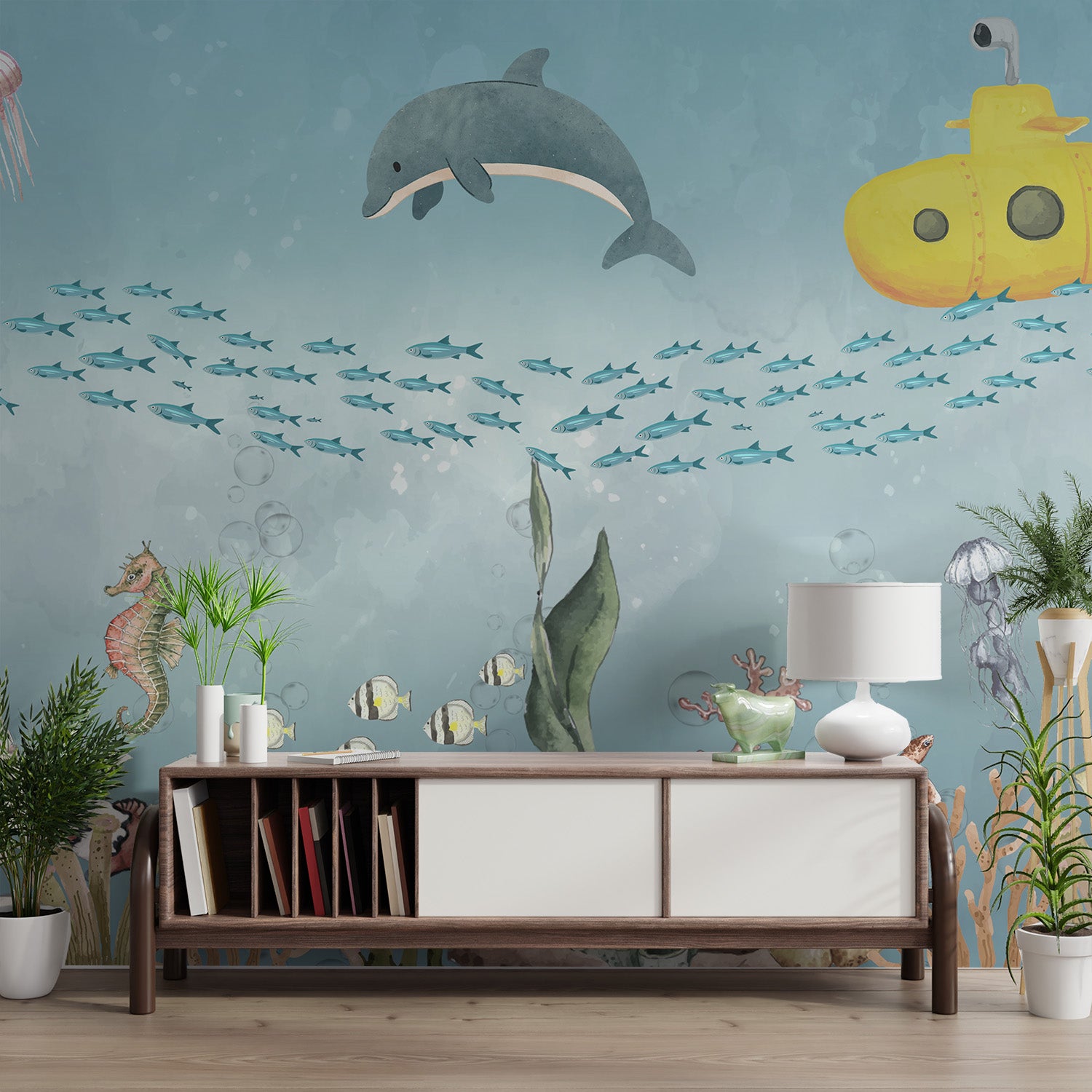 Whimsical ocean wallpaper showcasing sea creatures, fish schools, and playful dolphins.