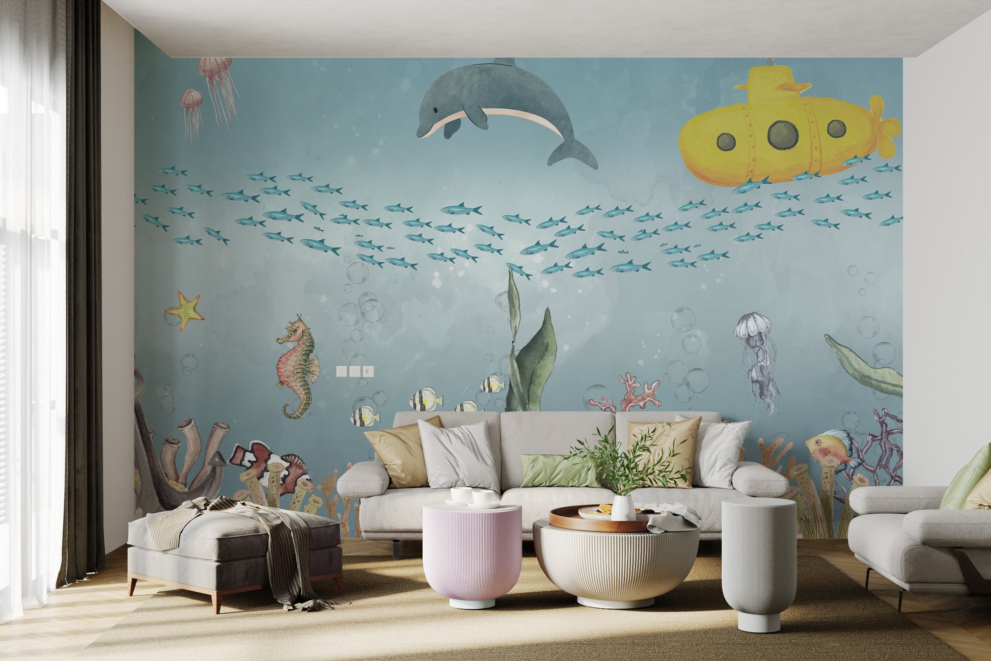 Marine life mural with a submarine, coral reefs, tropical fish, and underwater flora.