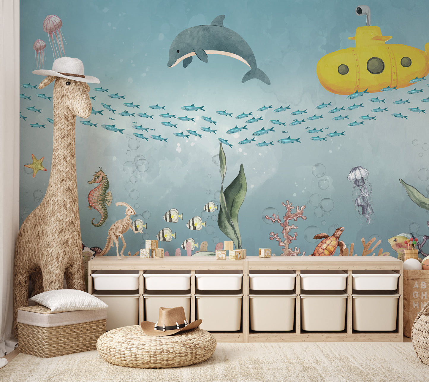 Bright ocean mural with schools of fish, turtles, corals, and a yellow submarine.