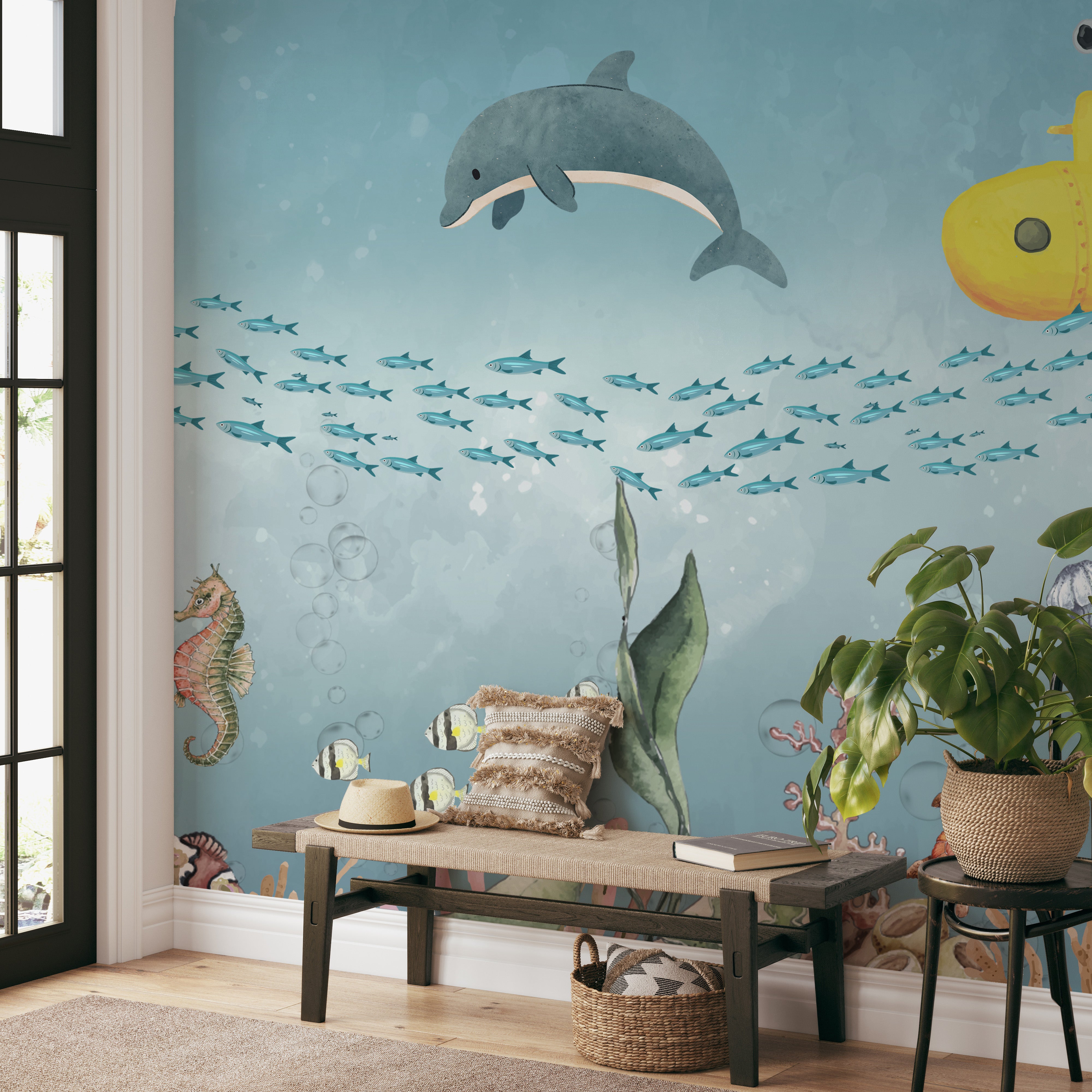 Whimsical mural with playful marine creatures, dolphins, and vibrant underwater landscapes.