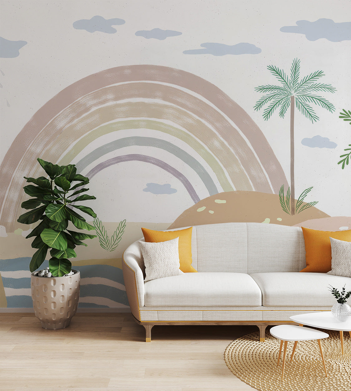 Dreamy desert wallpaper featuring pastel rainbow, flowing river, and palm trees.