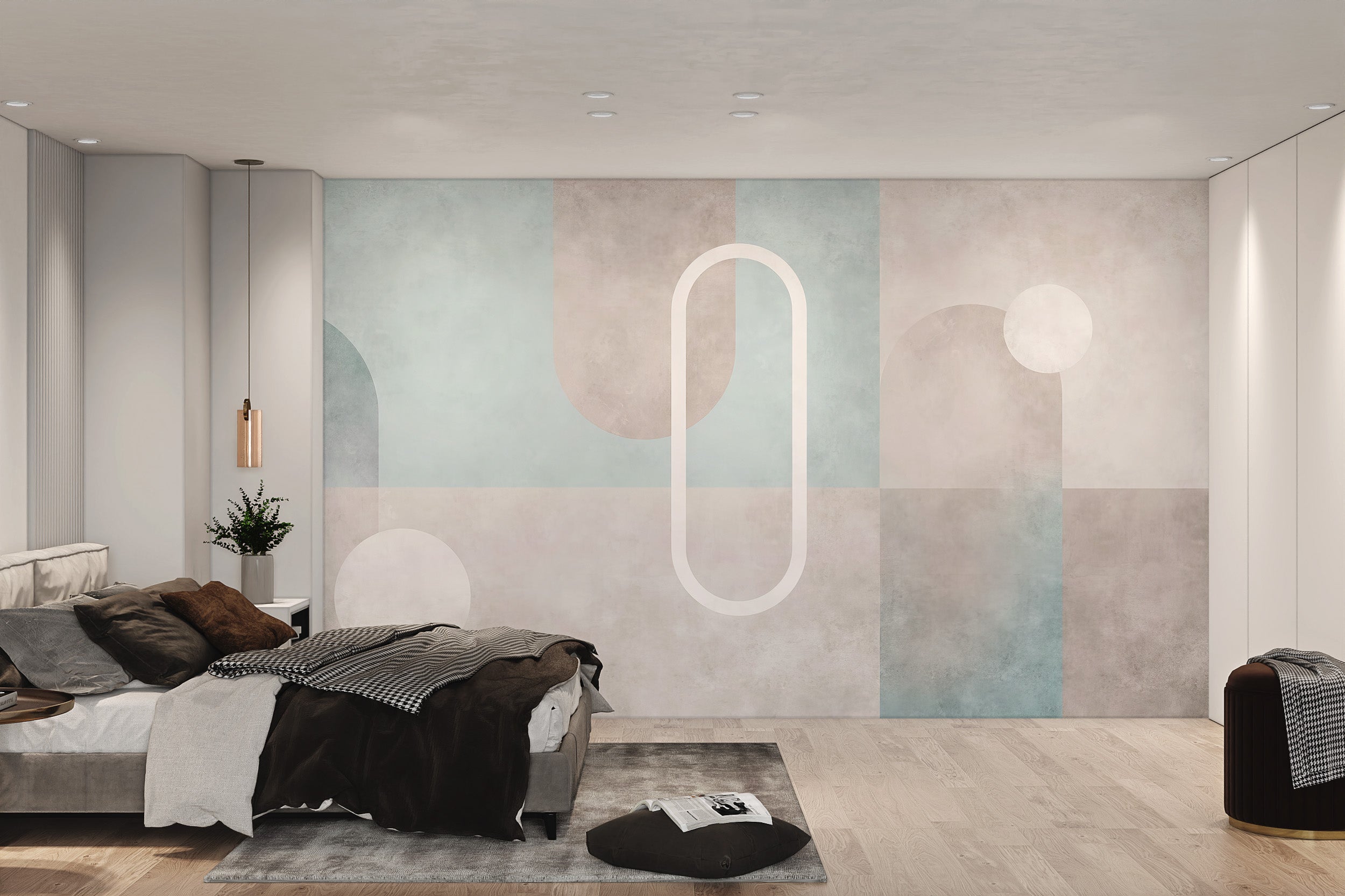 Abstract geometric wallpaper featuring arches, circles, and blocks in muted watercolor shades.