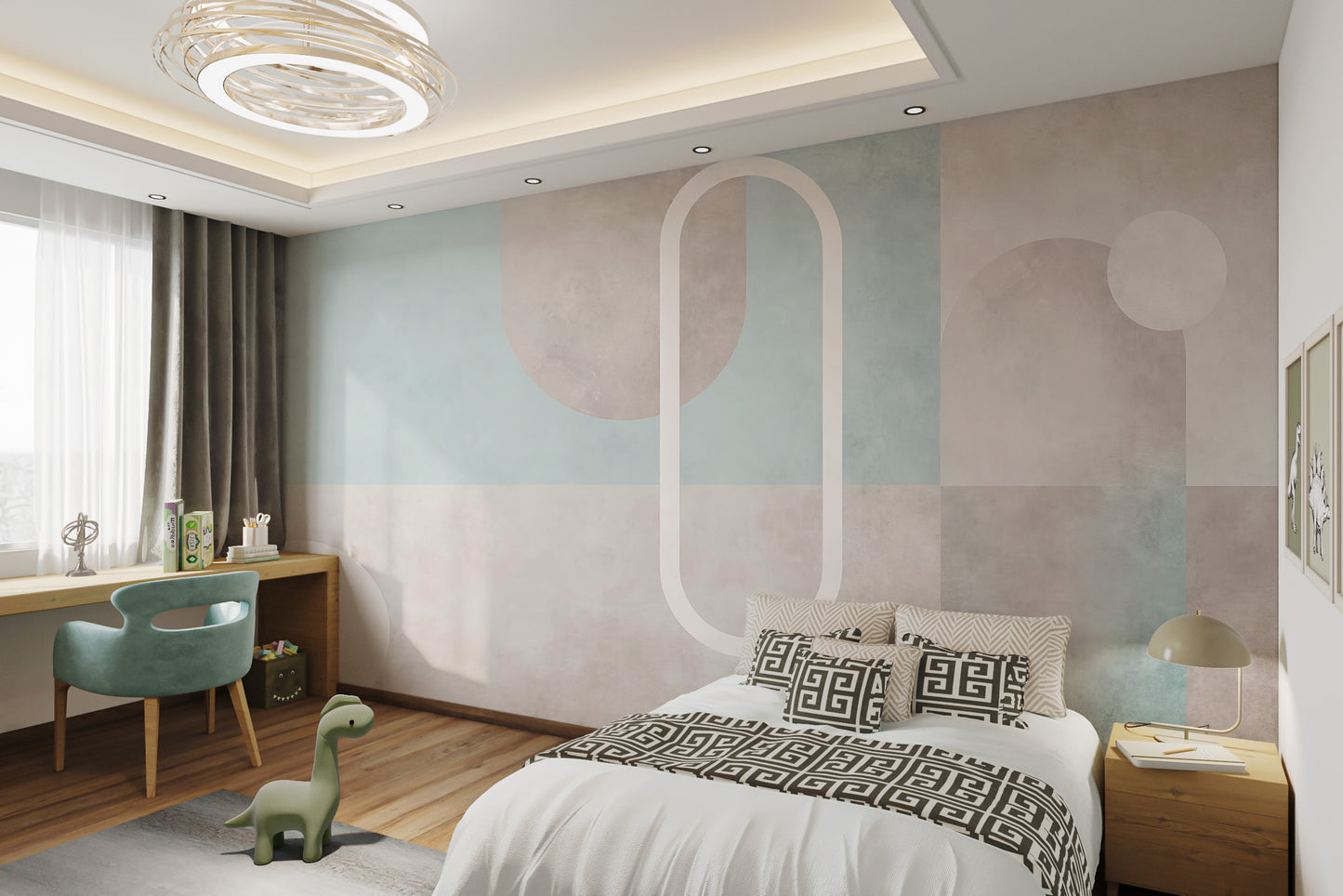 Pastel watercolor wallpaper with overlapping geometric shapes in soothing tones of blue and beige.