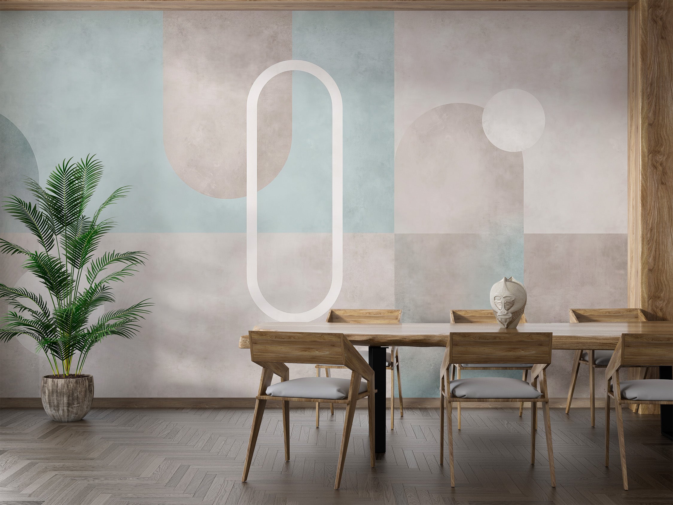 Abstract wall mural with watercolor textures and rounded geometric shapes.