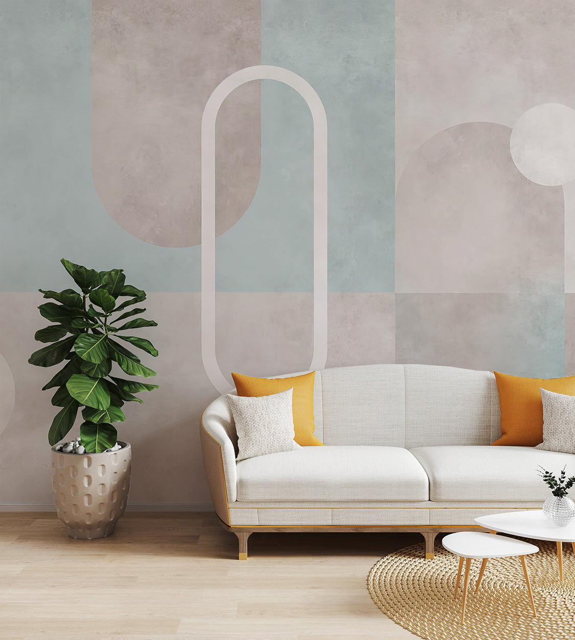 Soft pastel wallpaper mural featuring geometric arches and circles.