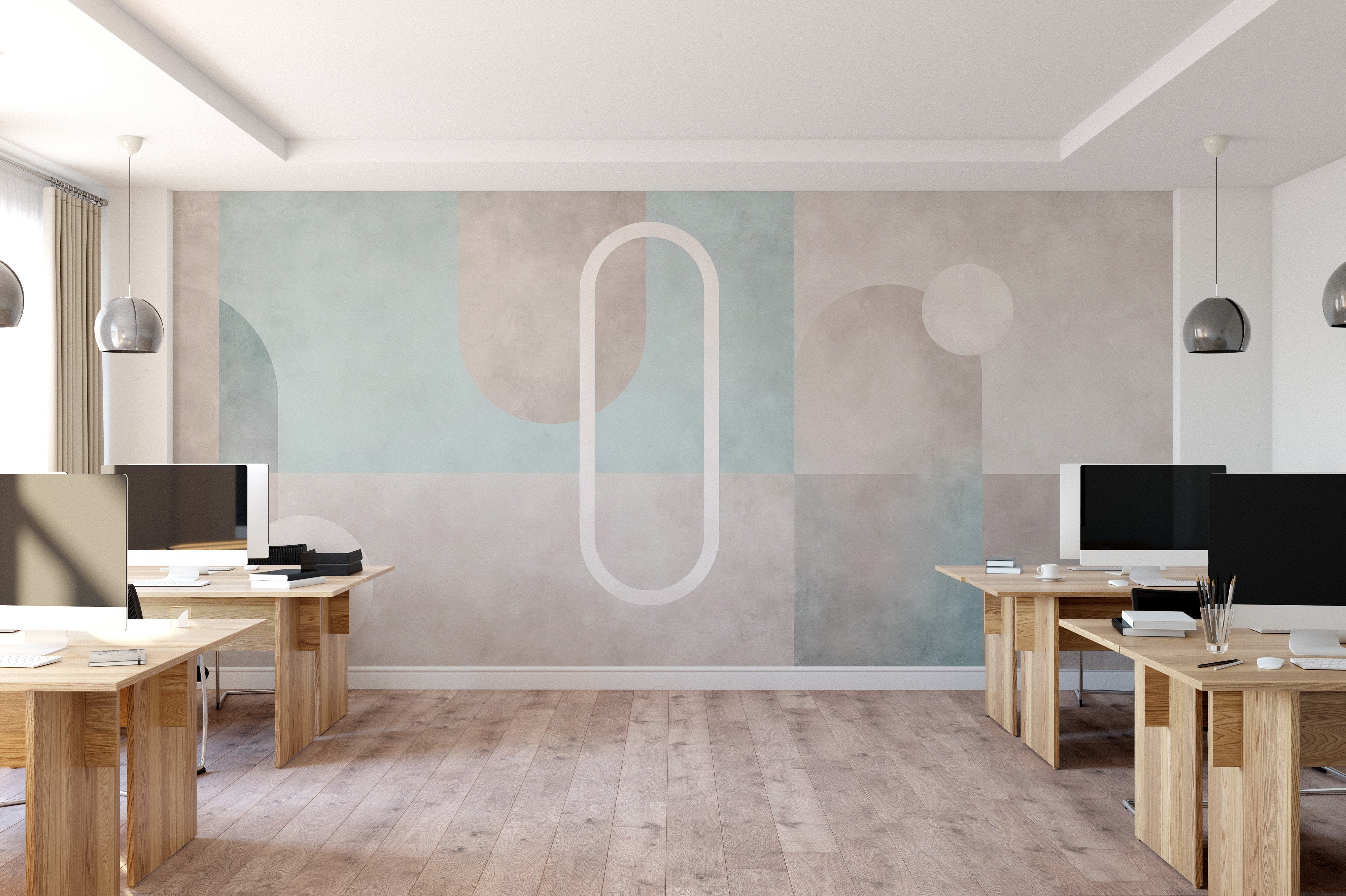 Watercolor geometric mural with soft pastel blue, gray, and white curved patterns.