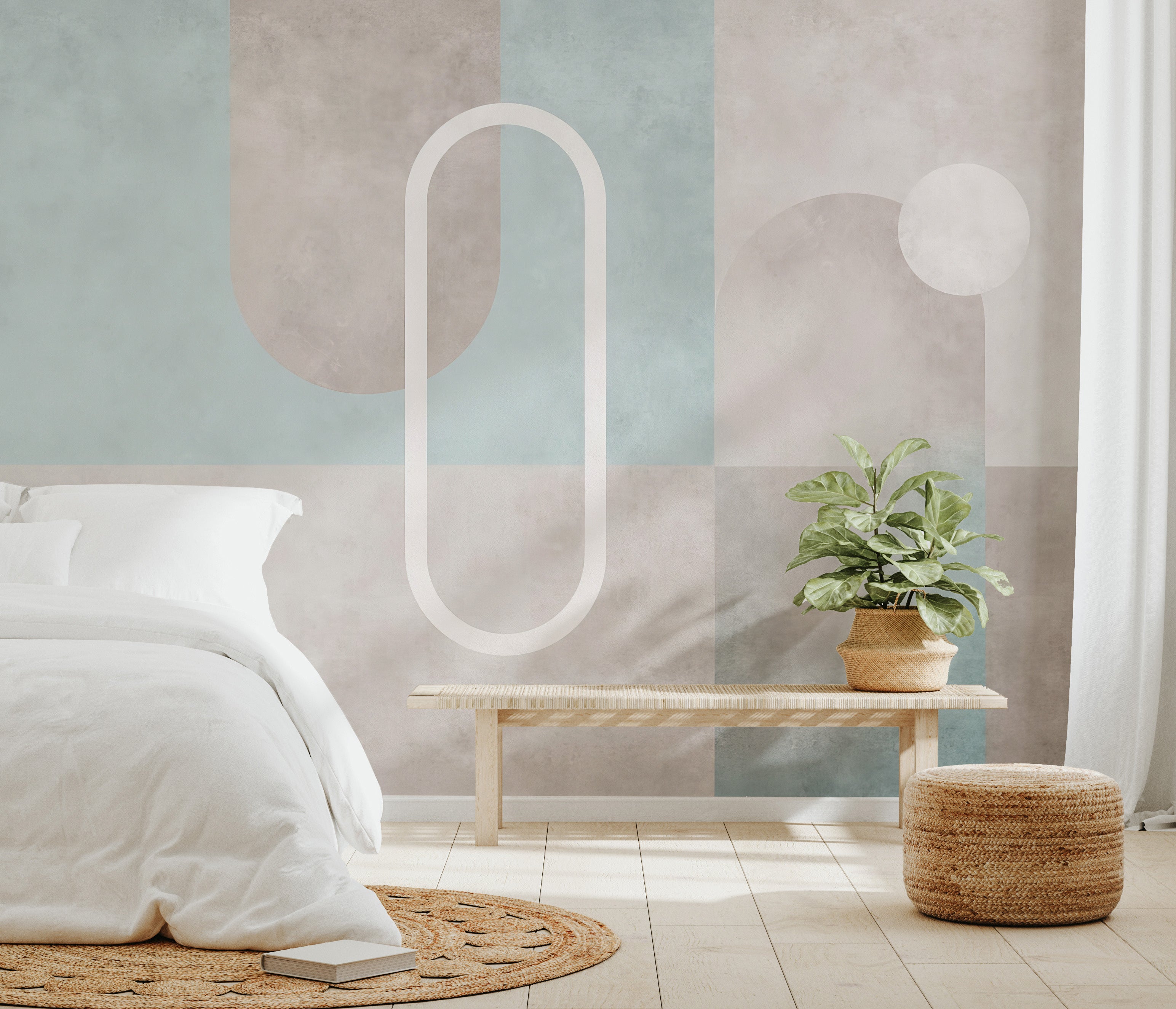 Watercolor wallpaper mural with modern geometric patterns and curved lines.