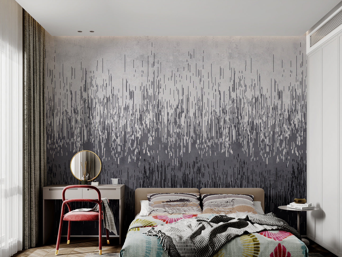 Abstract wall mural featuring fine vertical lines transitioning from light gray to black.