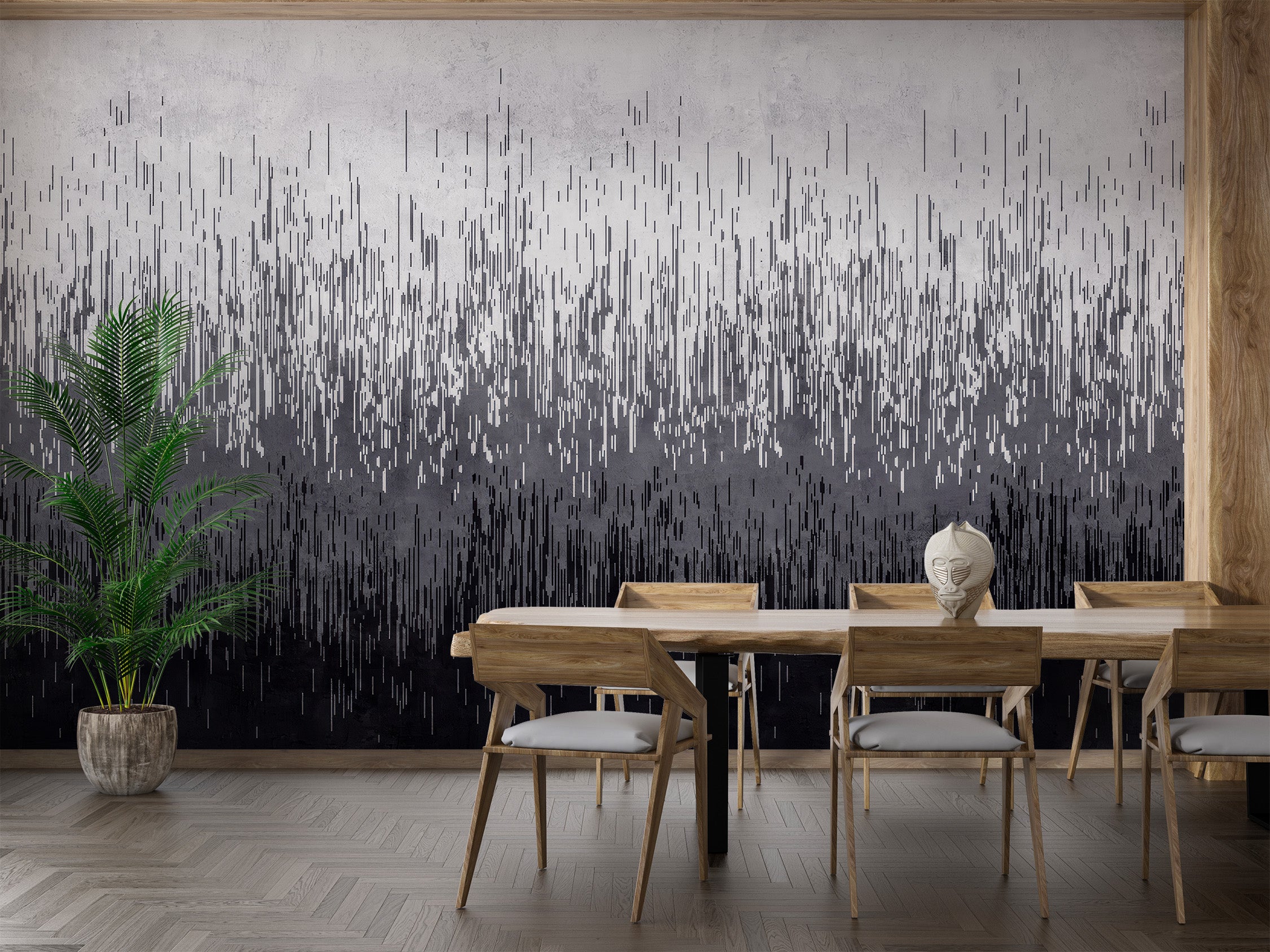 Modern mural with cascading vertical lines forming a smooth gray-to-black gradient.