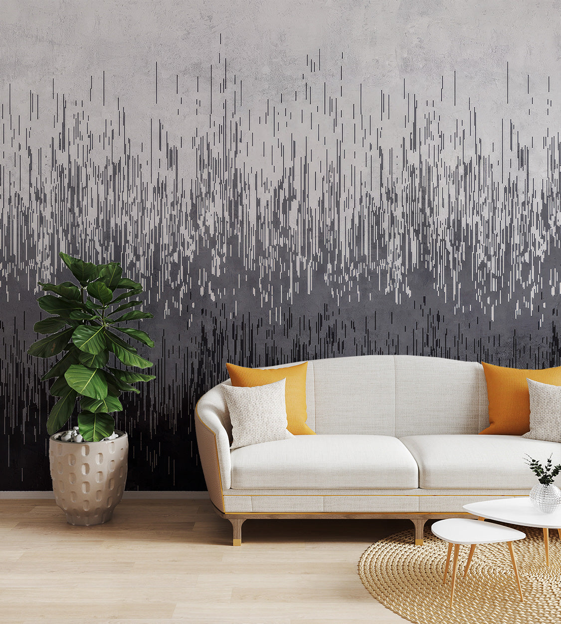 Monochrome gradient mural with vertical abstract lines blending from white to black tones.