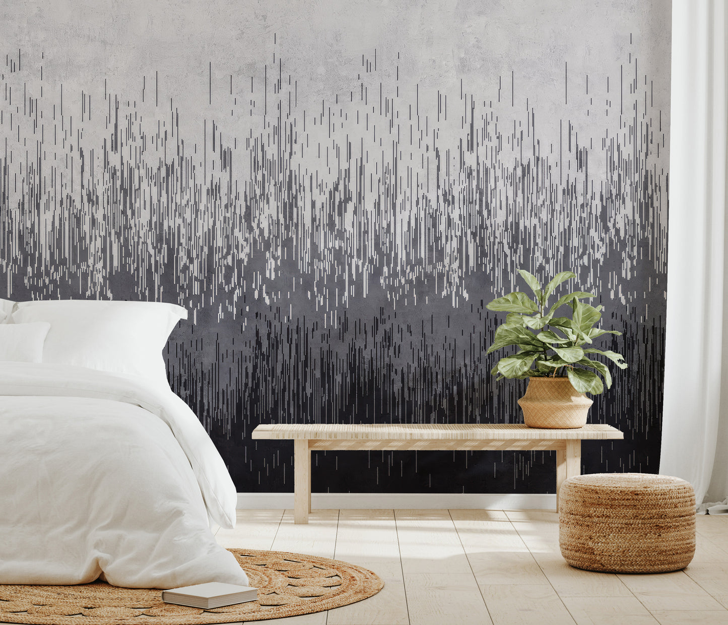 Gradient wall mural displaying dense vertical lines in gray and black hues.