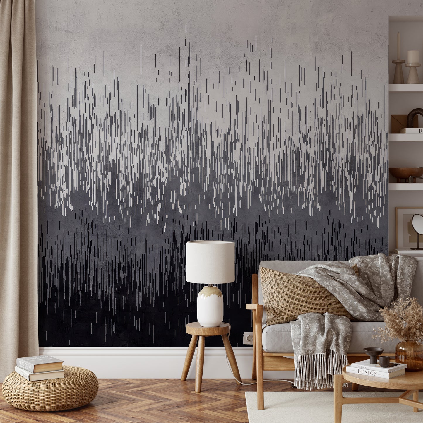 Artistic mural with lines forming a smooth gradient from light gray to charcoal black.