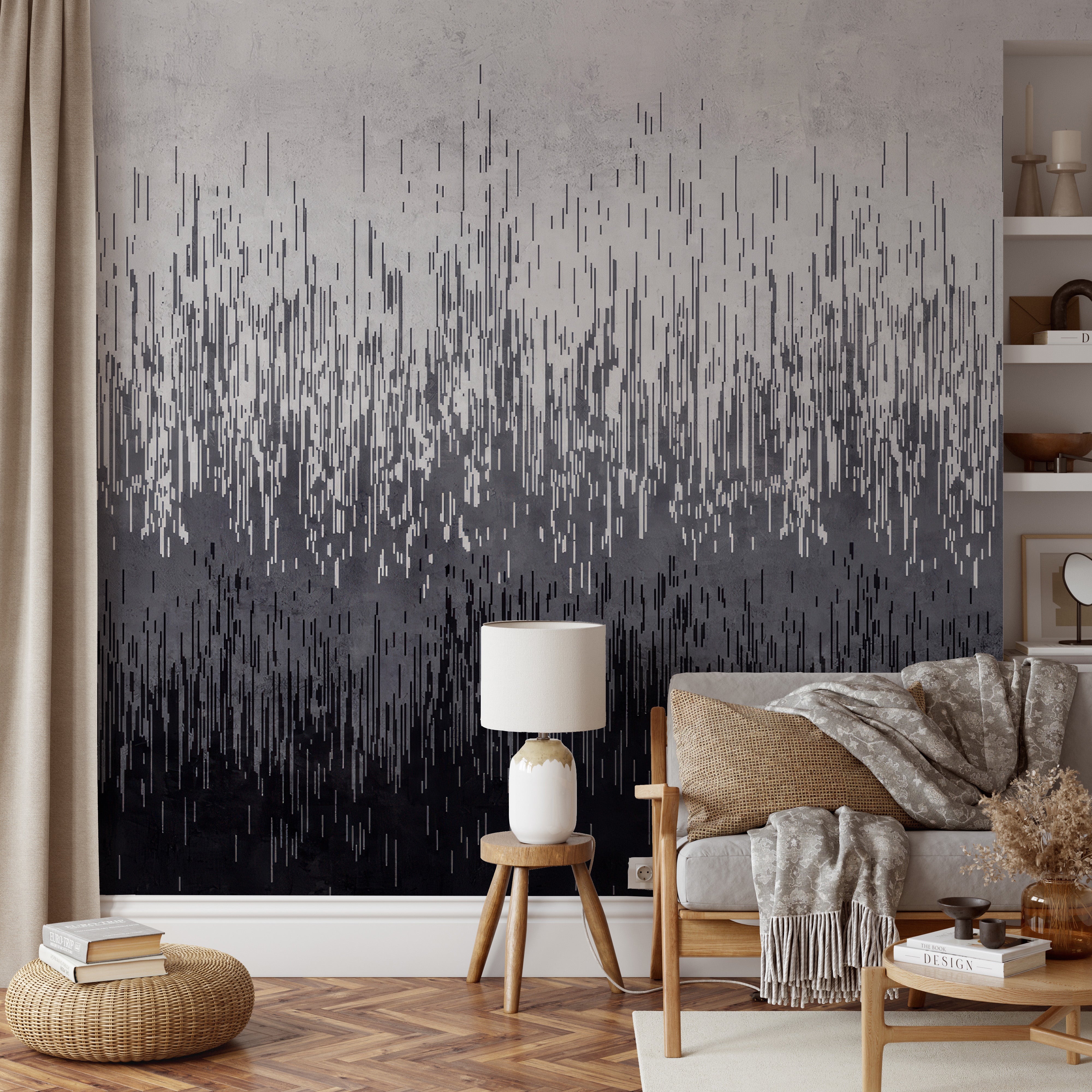 Artistic mural with lines forming a smooth gradient from light gray to charcoal black.