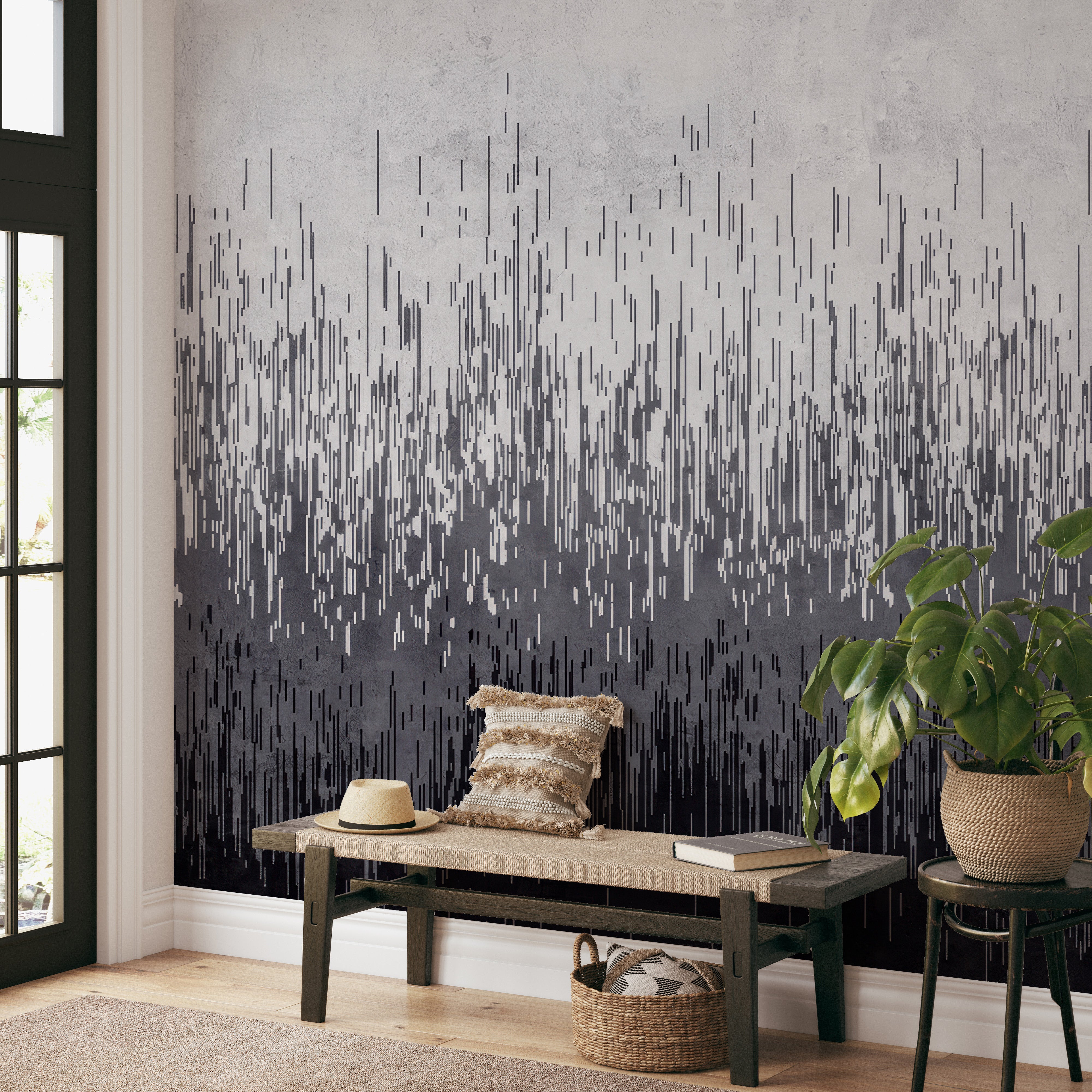 Abstract mural showcasing minimalistic gradient lines transitioning from white to black.