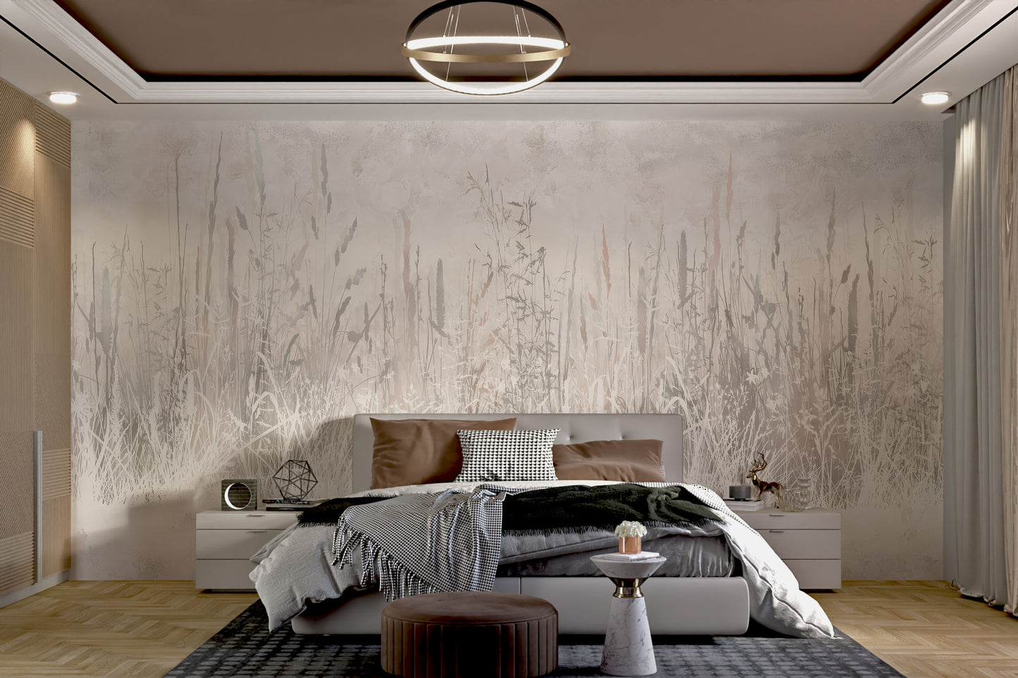 Modern farm-inspired mural with delicate grass blades in muted beige tones.