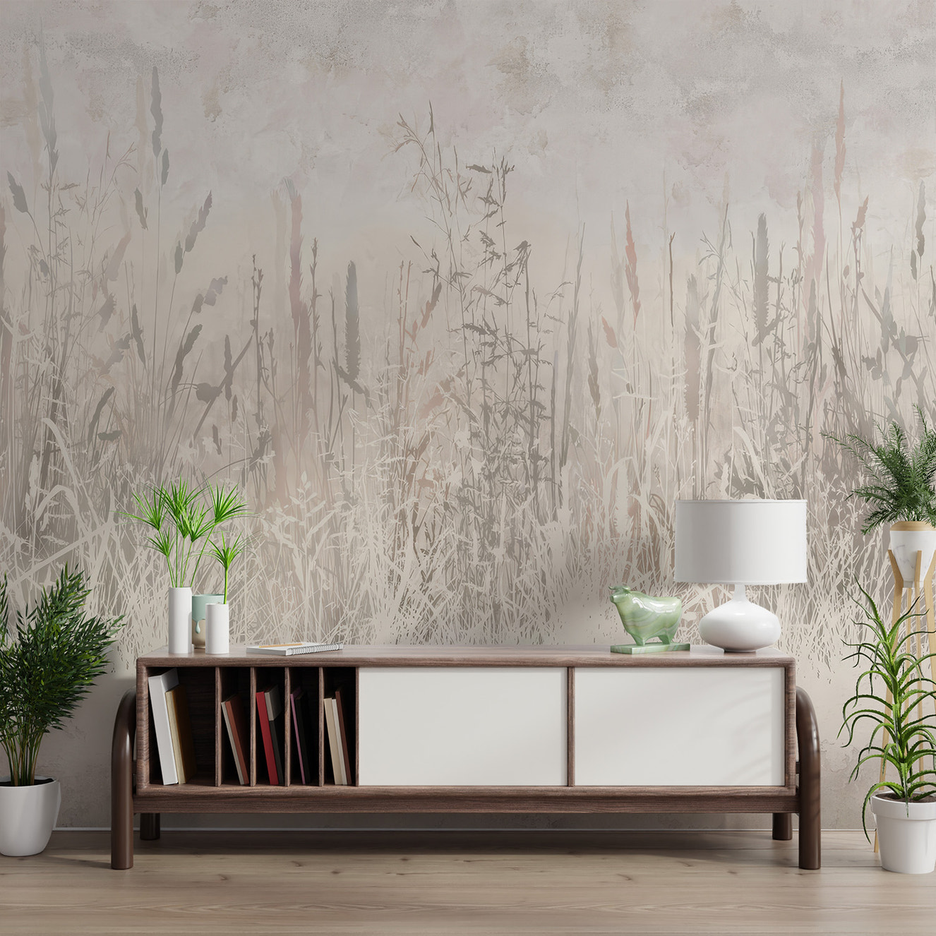 Neutral-toned wallpaper featuring soft silhouettes of meadow grasses.