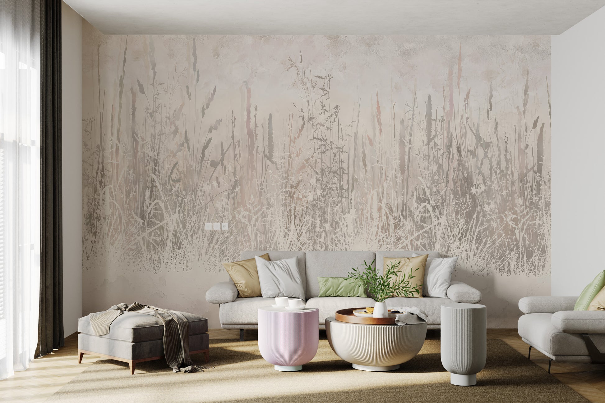 Modern farm-style mural with tall grass silhouettes on a beige background.