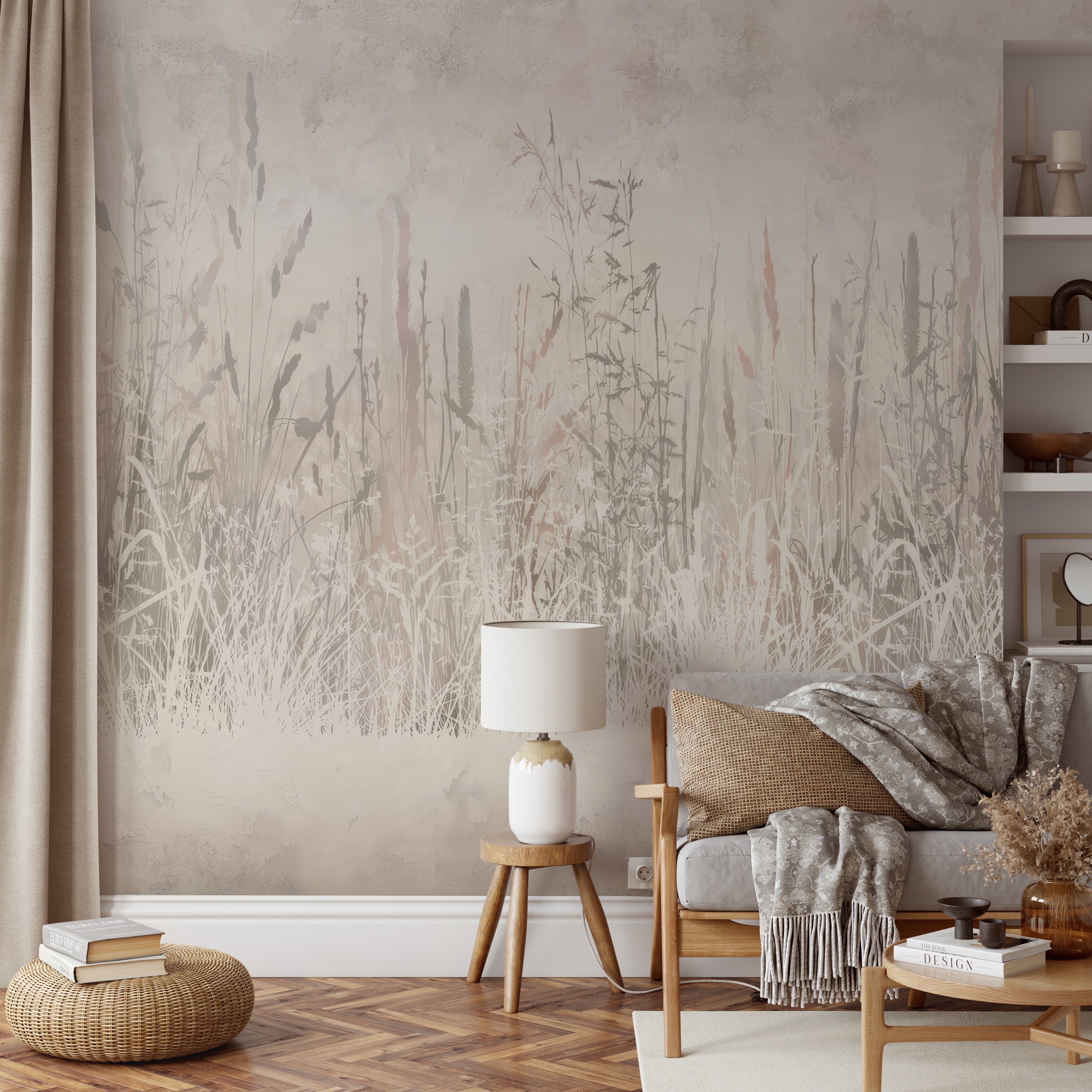 Soft and neutral mural featuring meadow grasses for a serene interior.