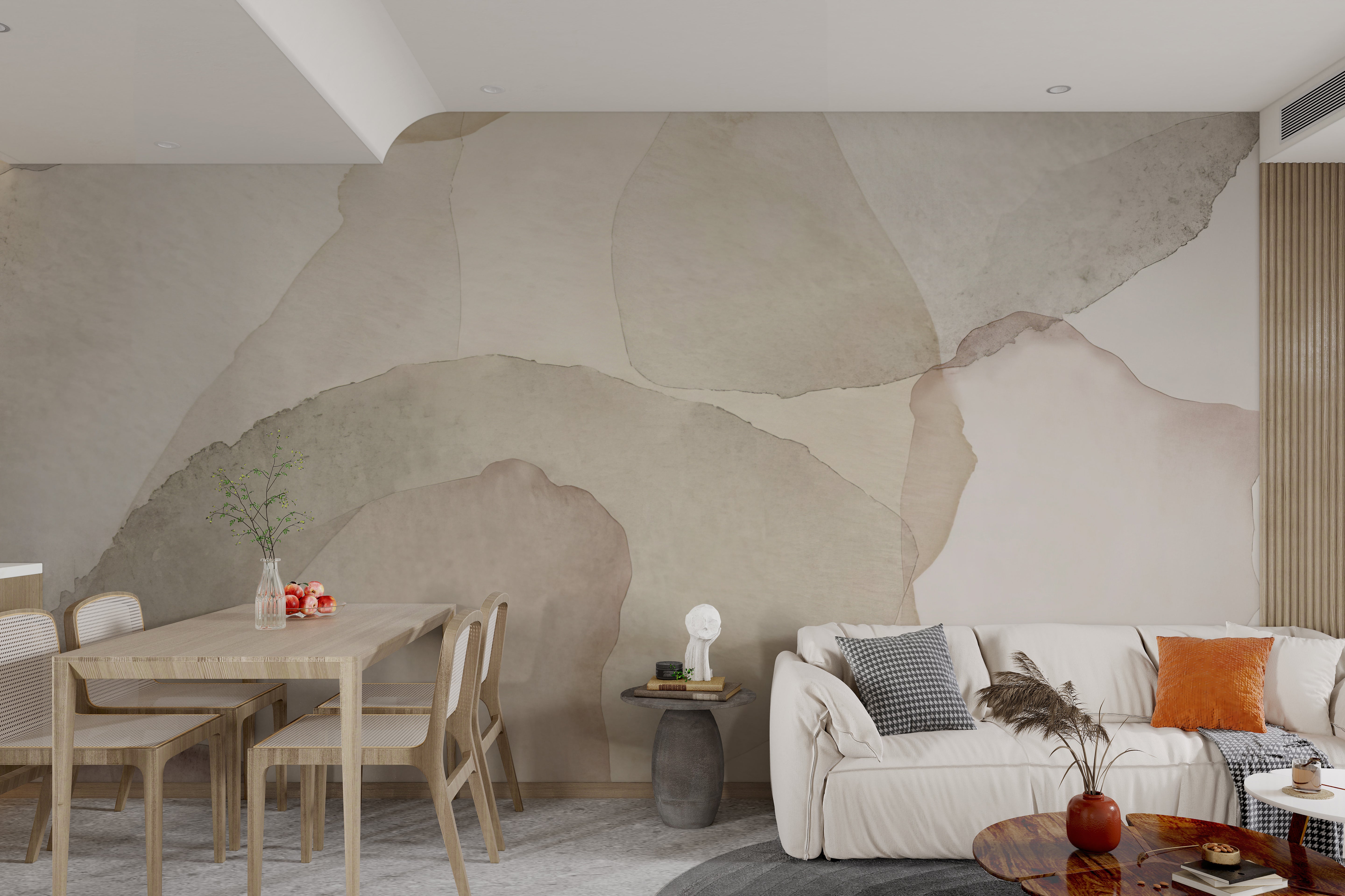 Minimalistic wall mural with neutral watercolor layers resembling soft petals.