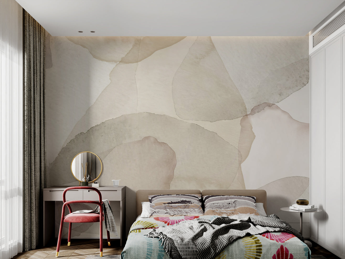 Muted beige and gray petals blend gracefully in an abstract wallpaper mural design.