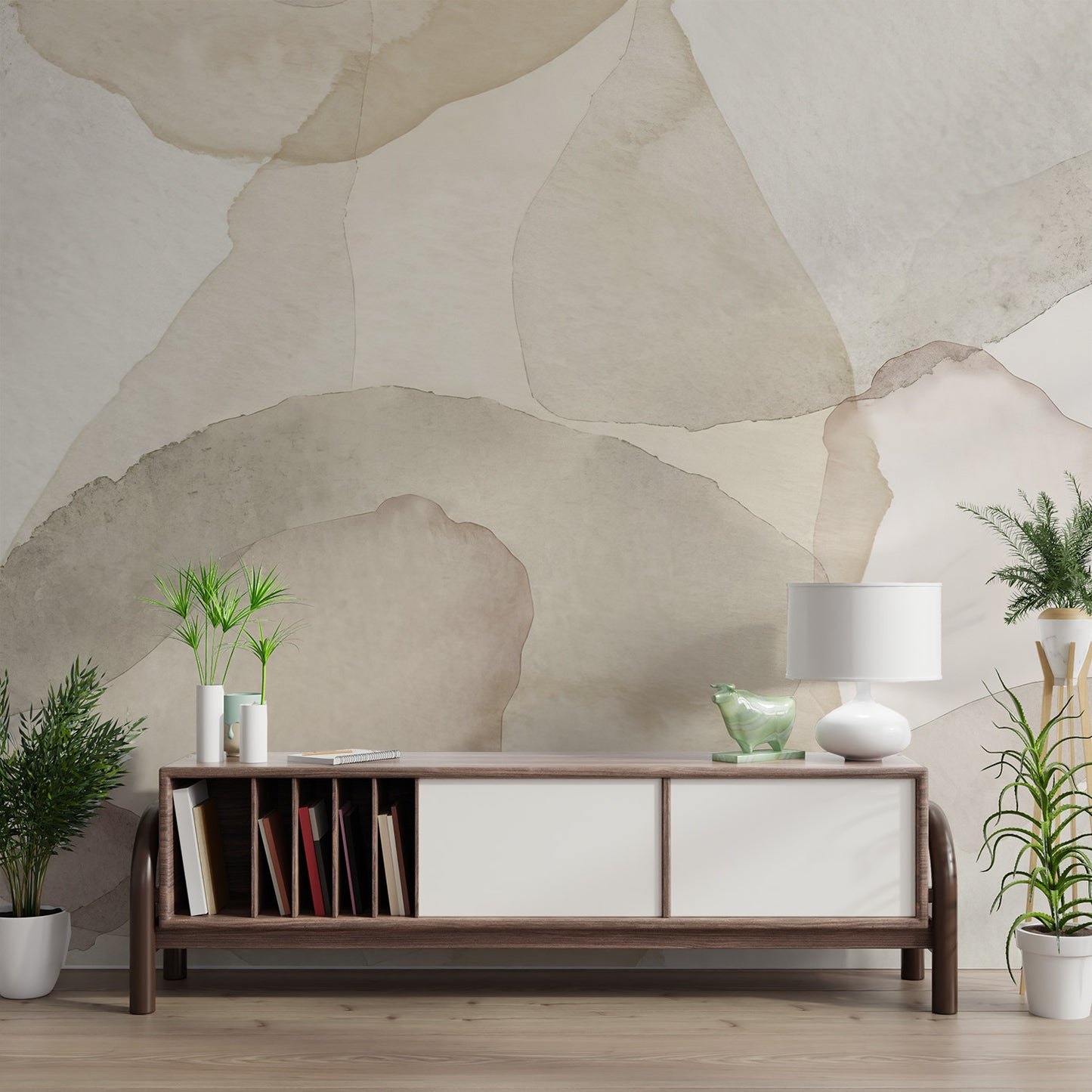 Soft sand-colored watercolor petals overlapping in a calming abstract wallpaper mural.