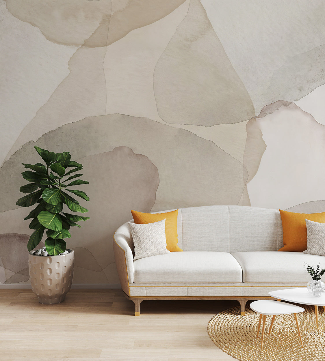 Neutral-toned abstract mural with delicate layers of translucent watercolor petals.