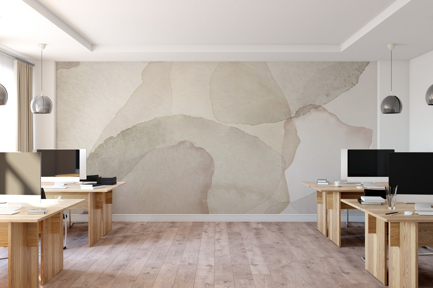 Watercolor sand petals blending harmoniously into a subtle abstract wall design.