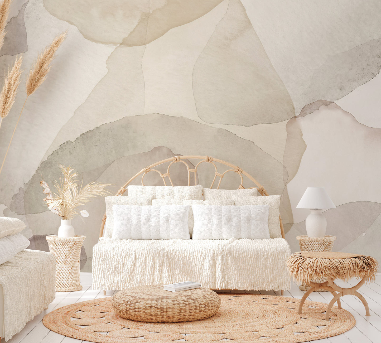 Soft gray and beige abstract petals flowing in an artistic wall mural.