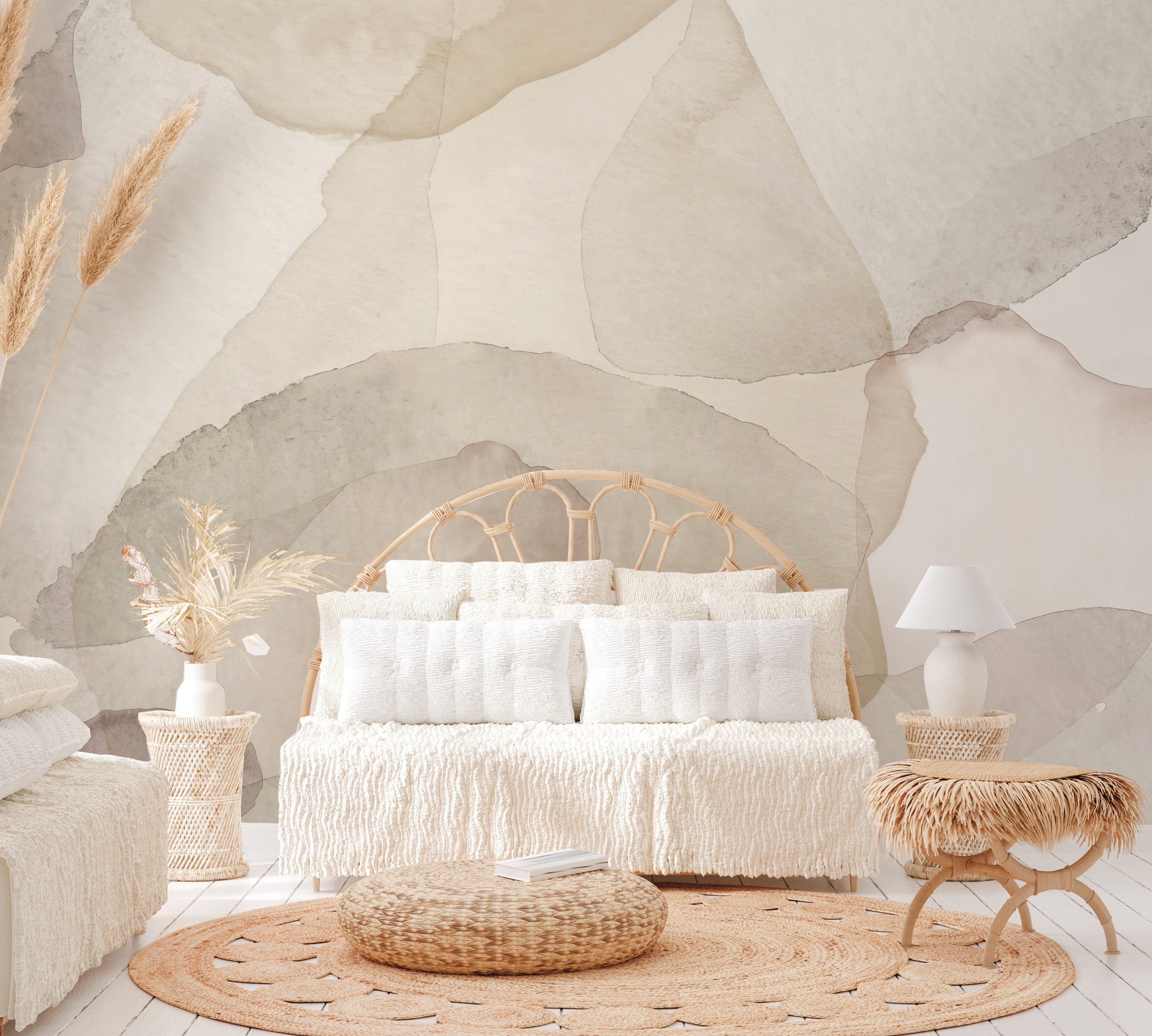 Soft gray and beige abstract petals flowing in an artistic wall mural.