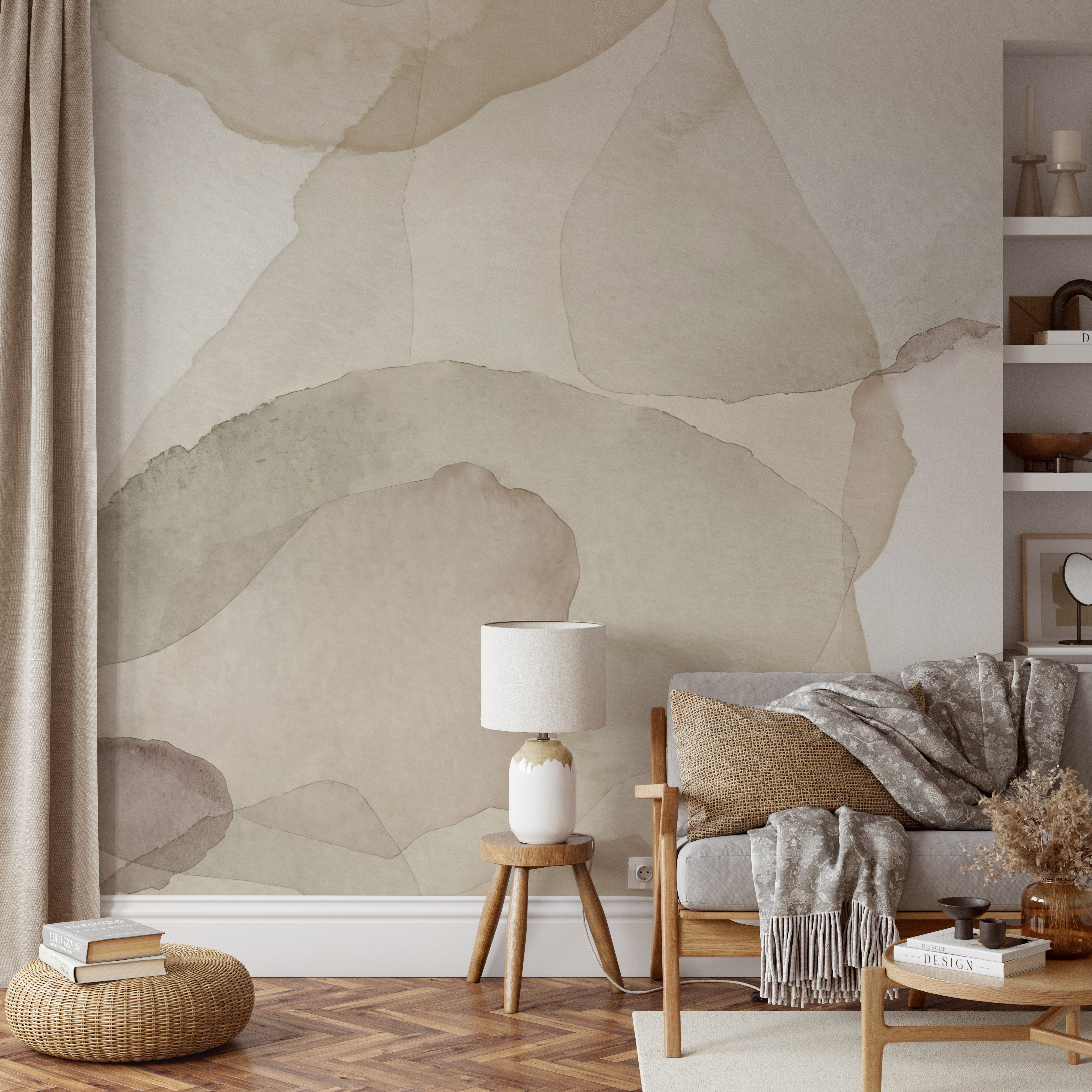 Gentle watercolor petals in soft earth tones for a calming wallpaper effect.