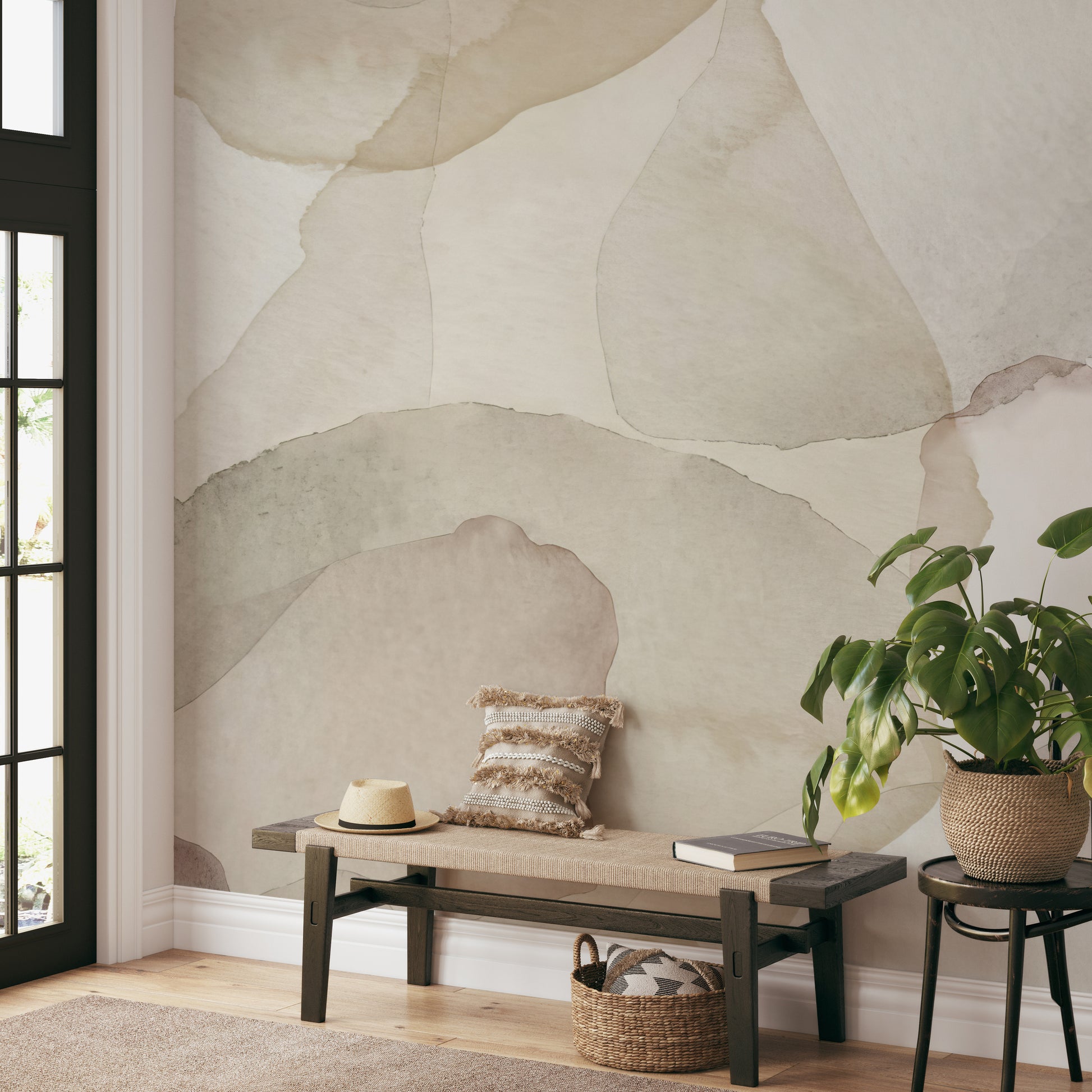 Abstract sand petal design with layered textures in neutral tones.