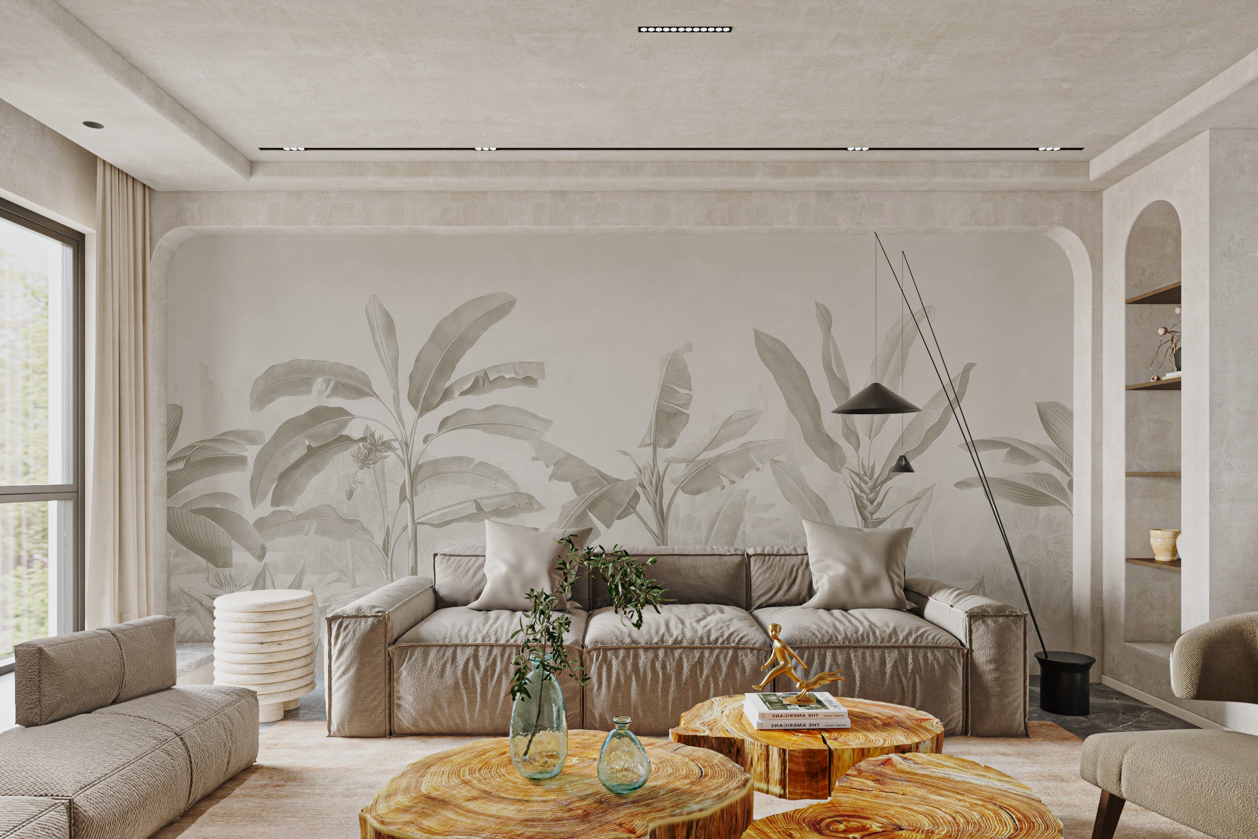 Elegant banana leaves mural featuring neutral colors and subtle tropical landscape details.