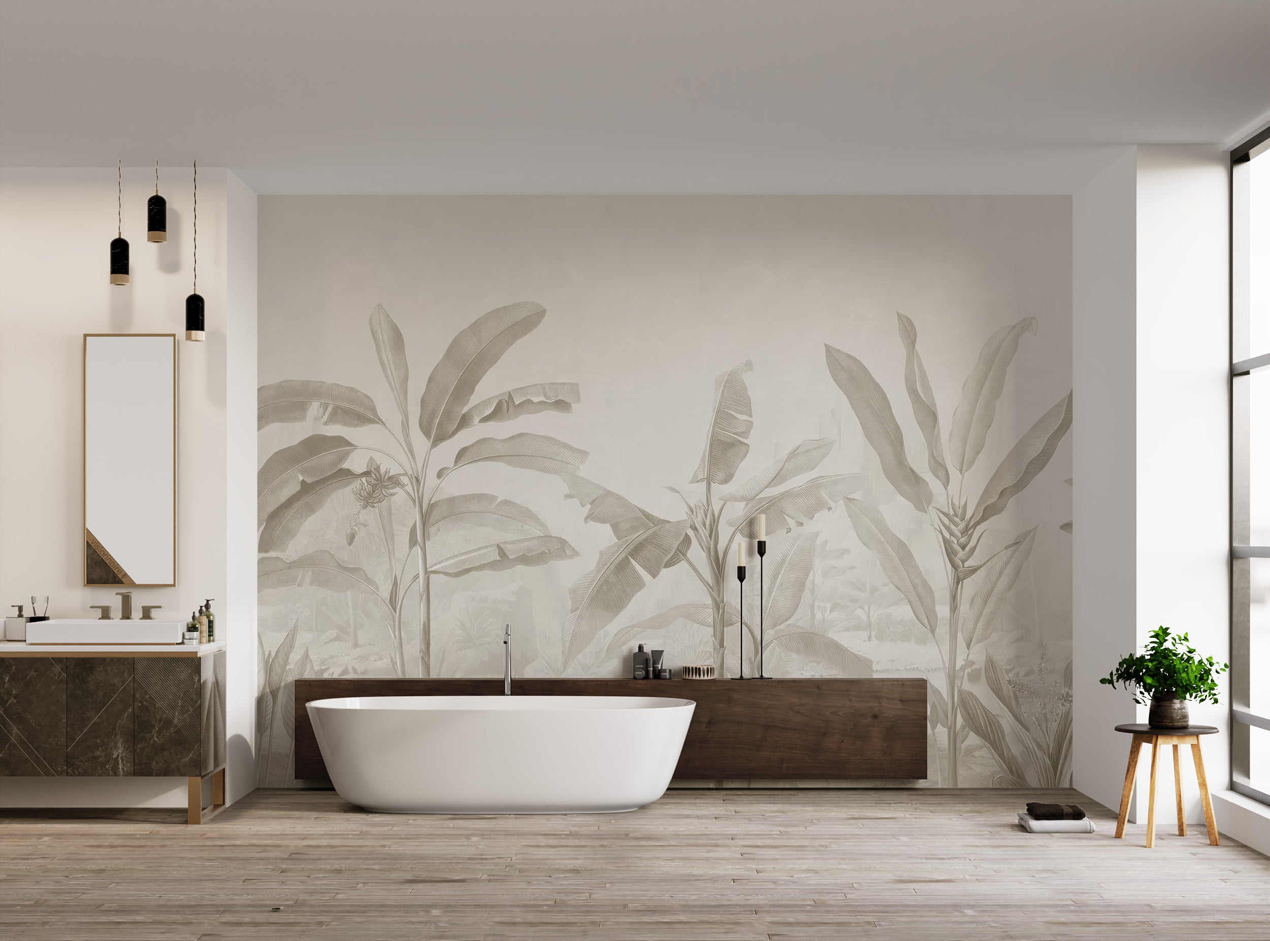 Banana leaf wallpaper mural depicting a tropical garden in muted beige shades.