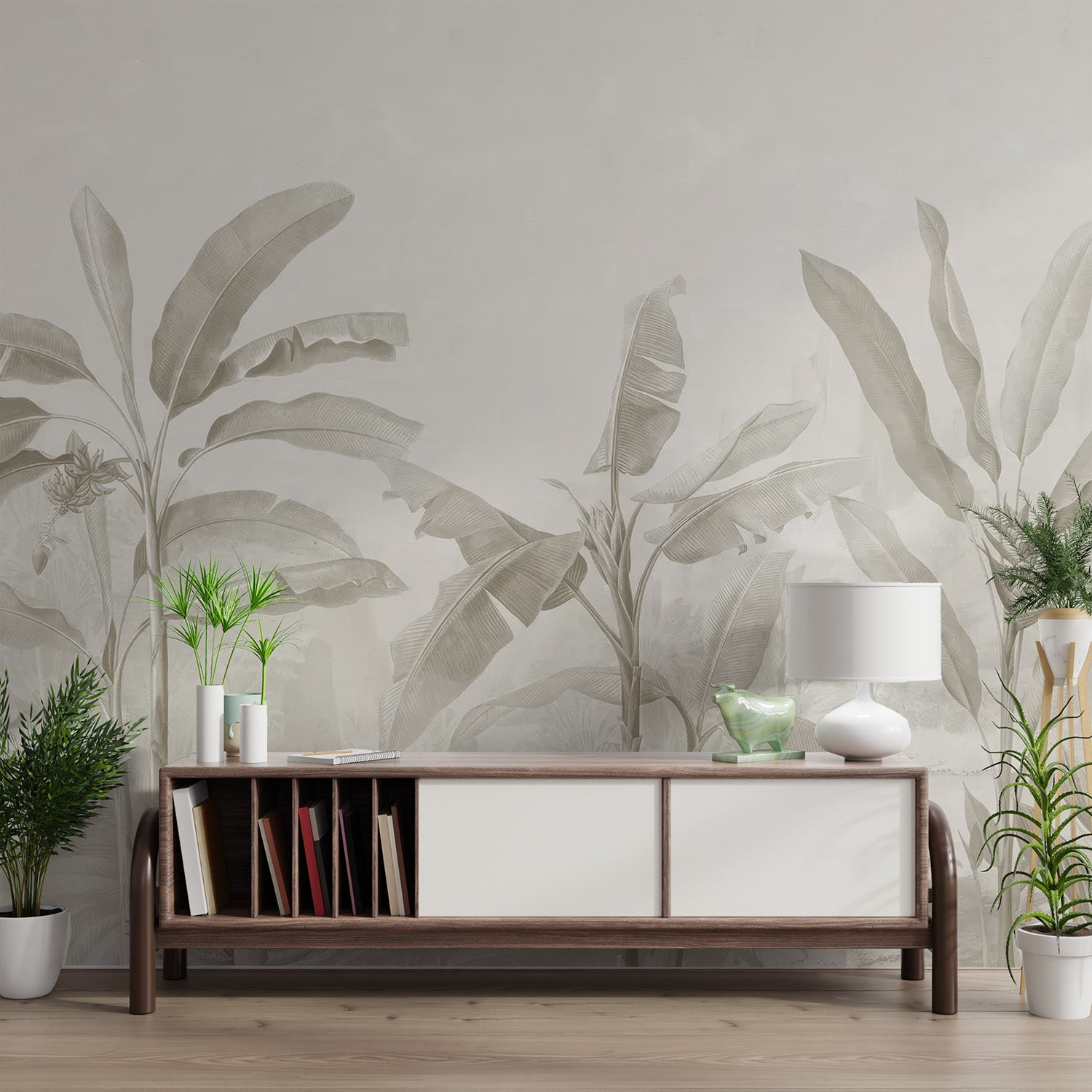 Neutral-toned tropical wallpaper with large banana leaves and foliage elements.