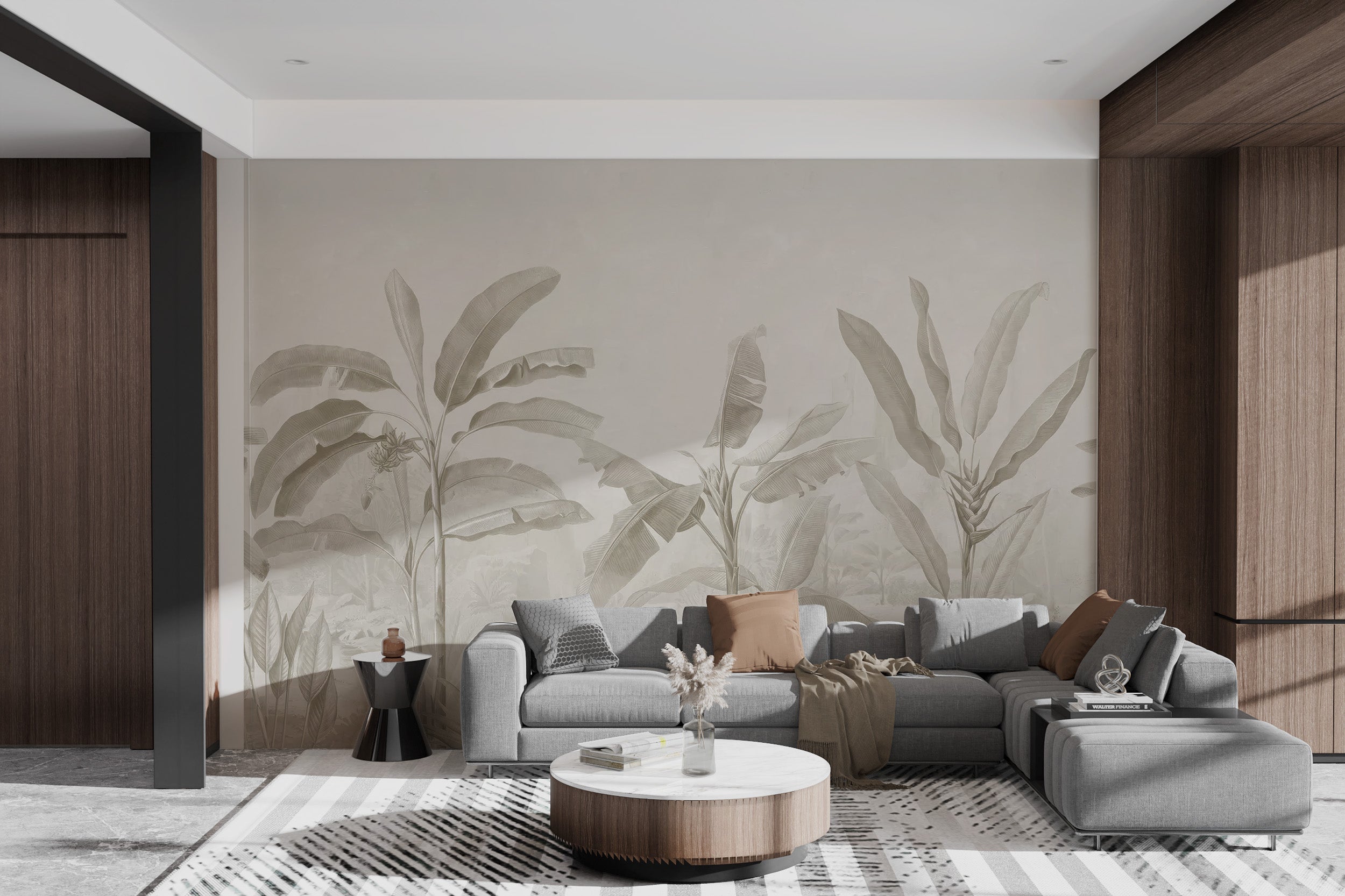 Beige banana leaf mural creating a calm tropical backdrop for walls.