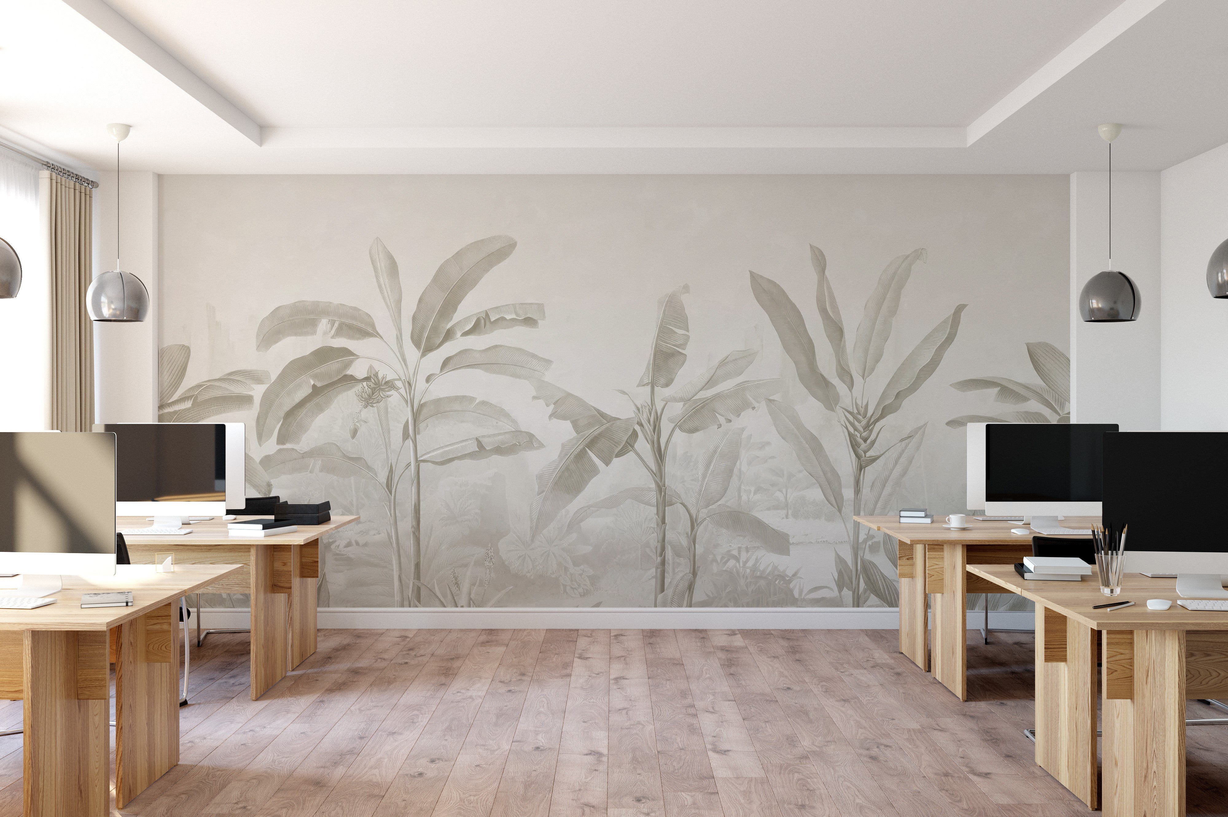 Tropical banana leaf wallpaper mural with soft beige tones for a serene ambiance.