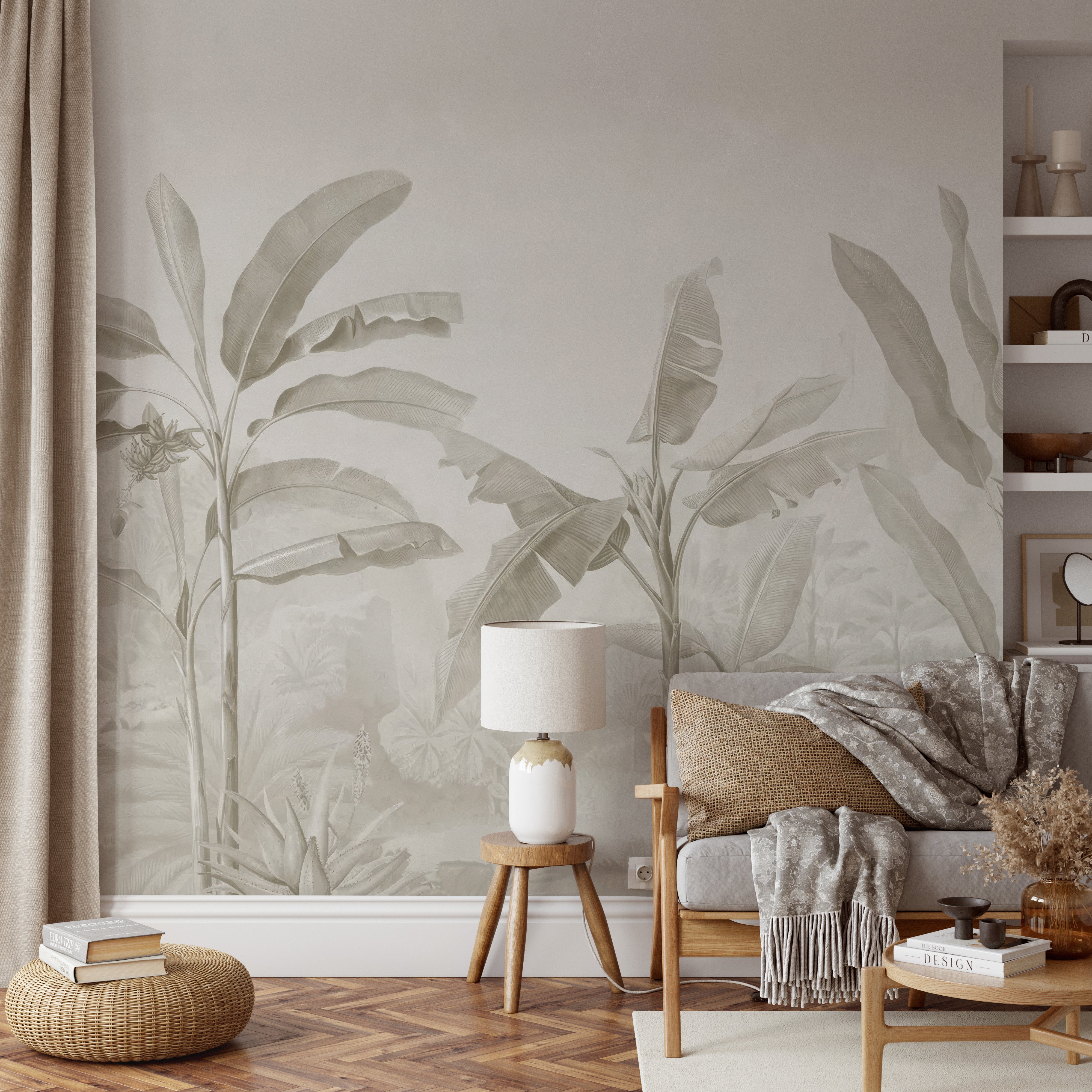 Tropical wallpaper mural featuring banana leaves in muted, earthy tones.