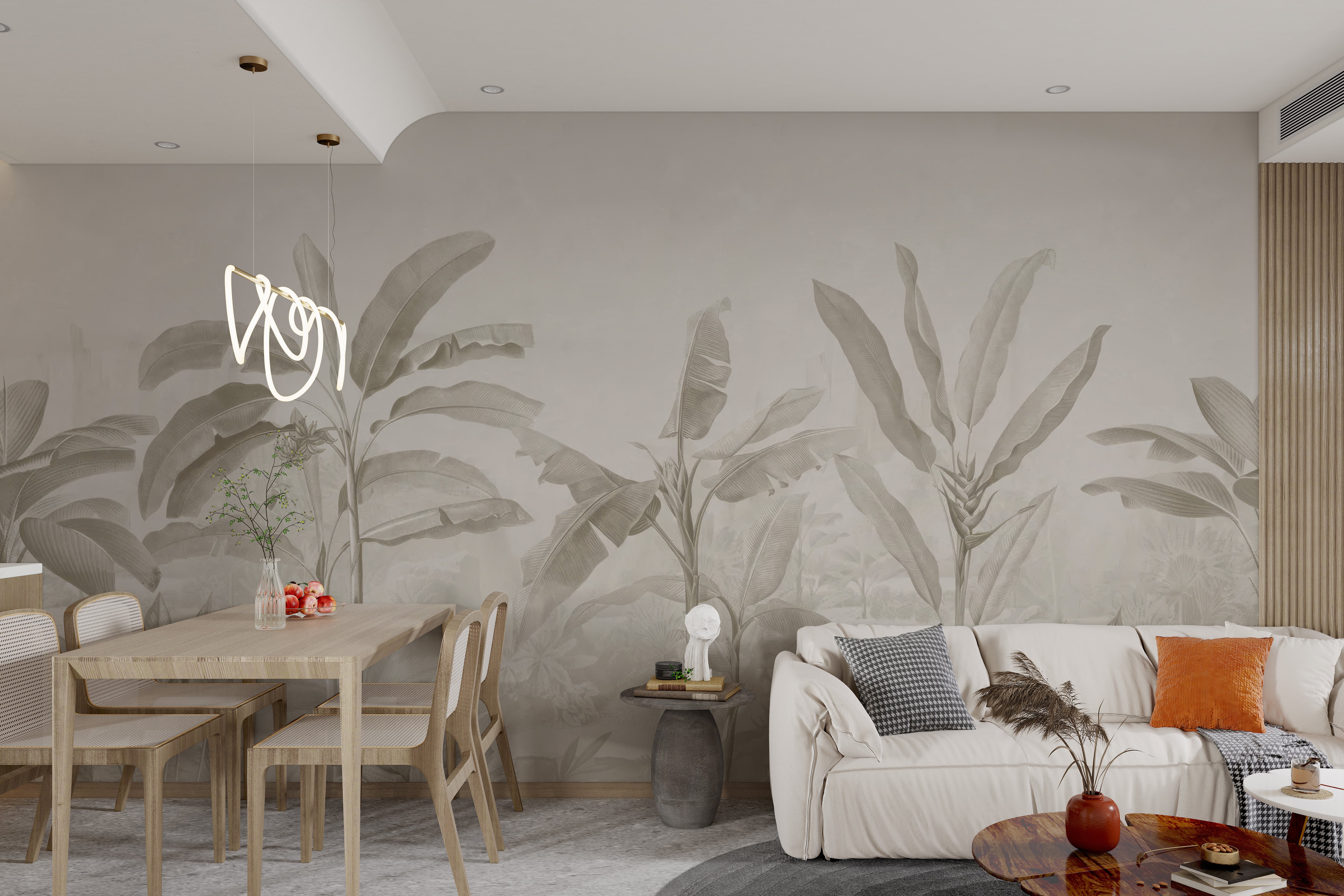 Tropical banana leaf mural with soothing beige tones for a minimalist aesthetic.