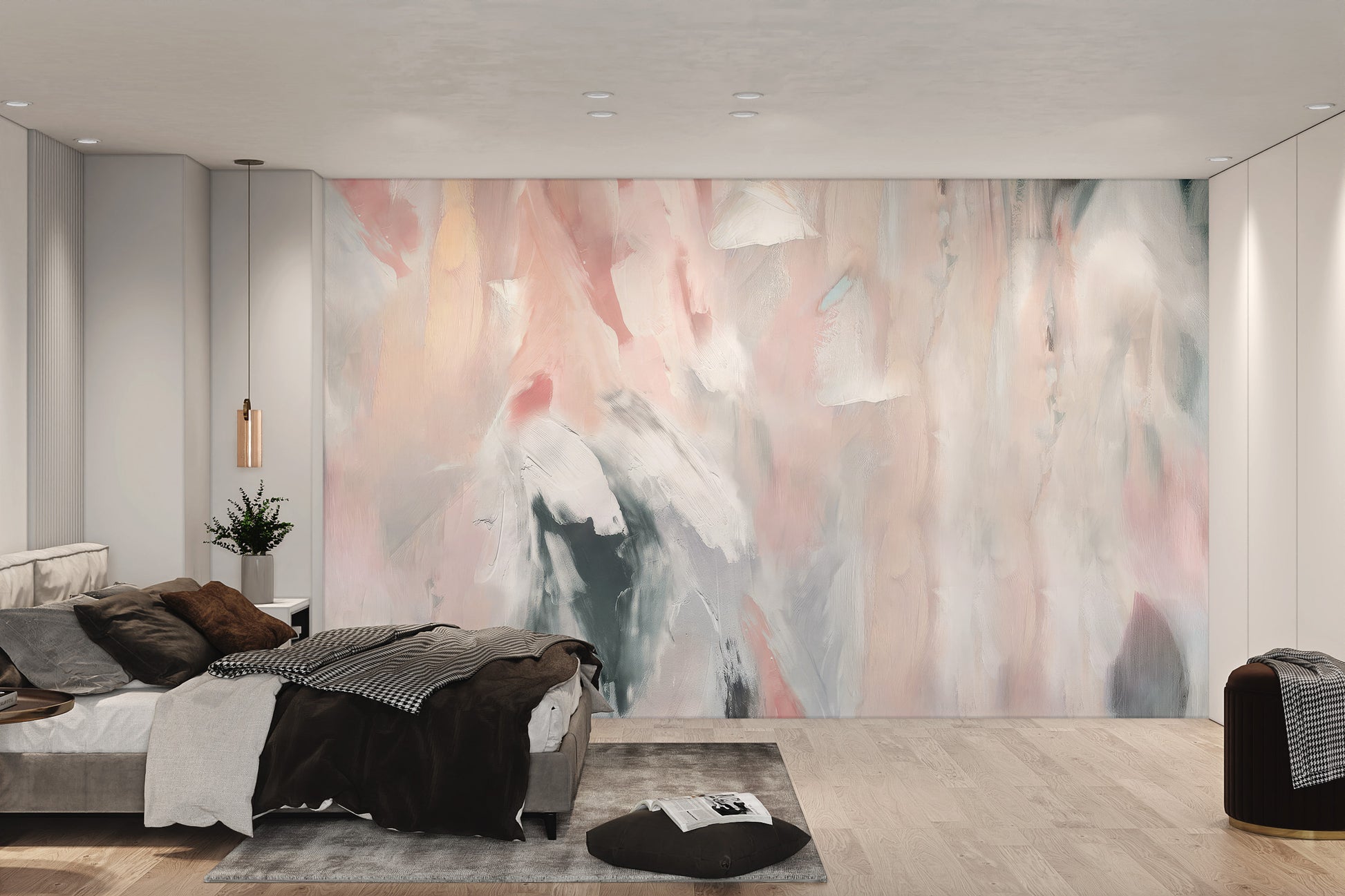 Soft brushstroke wallpaper featuring flowing pastel colors in peach, white, and gray.